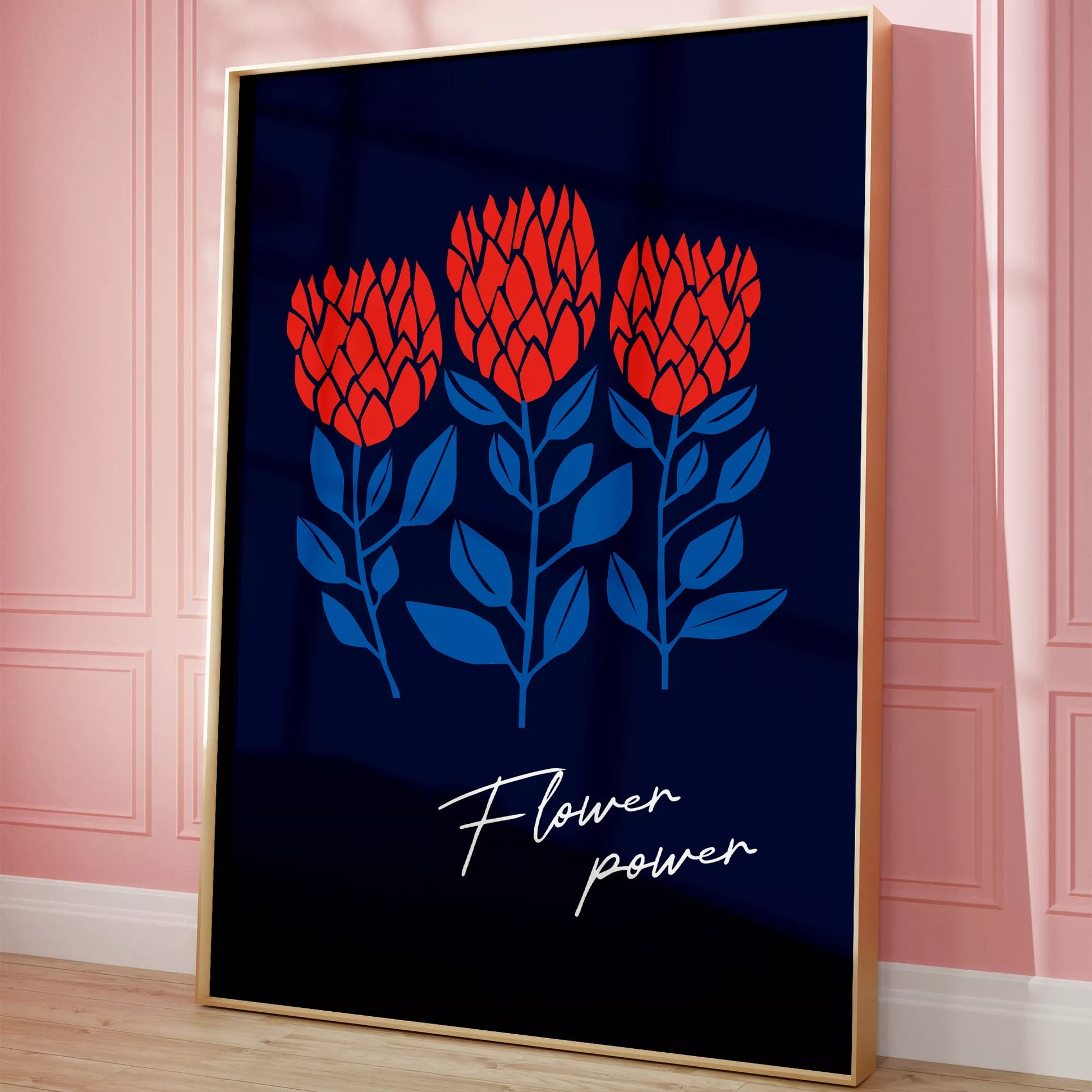 北欧ミニマルデザインのレッドフラワーアートポスター ネイビーバック
