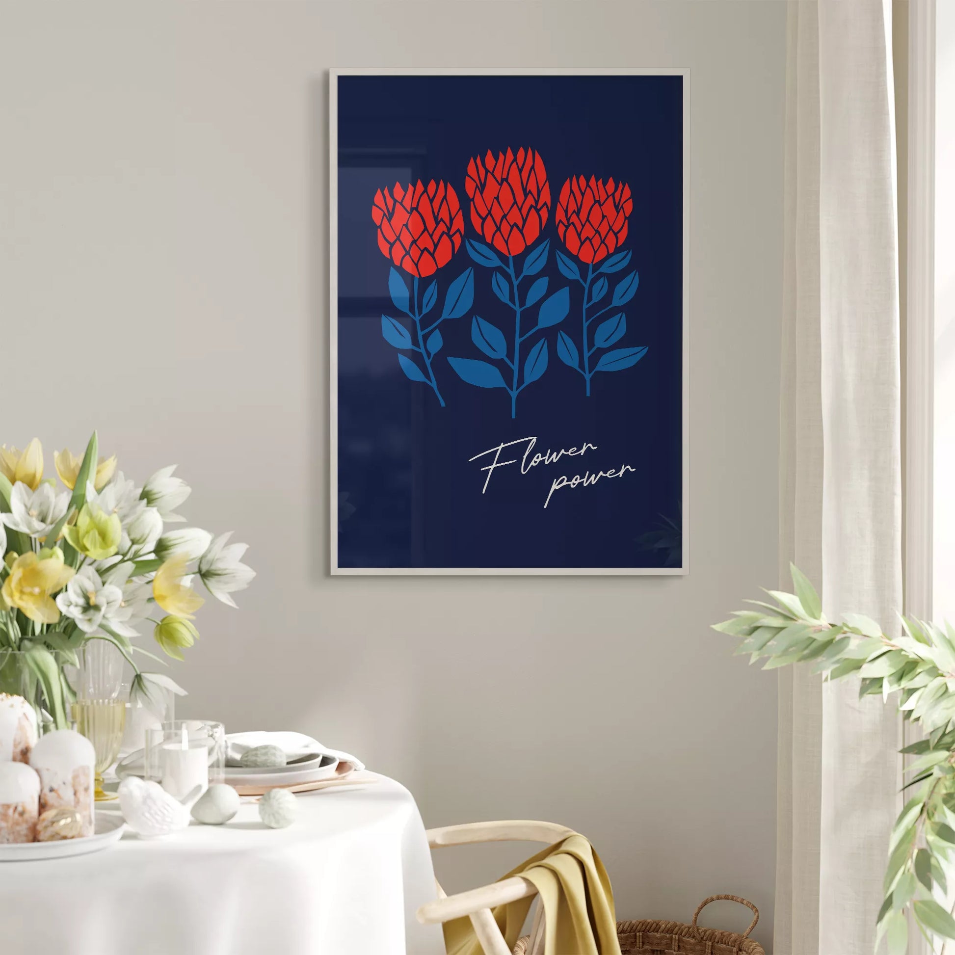 北欧ミニマルデザインのレッドフラワーアートポスター ネイビーバック