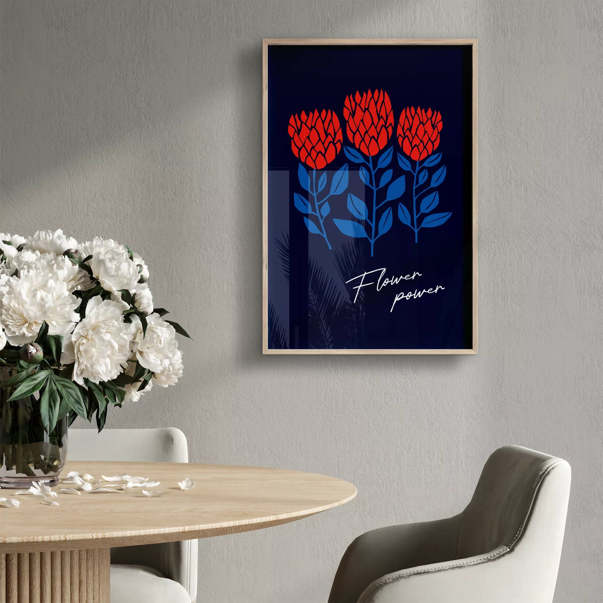 北欧ミニマルデザインのレッドフラワーアートポスター ネイビーバック