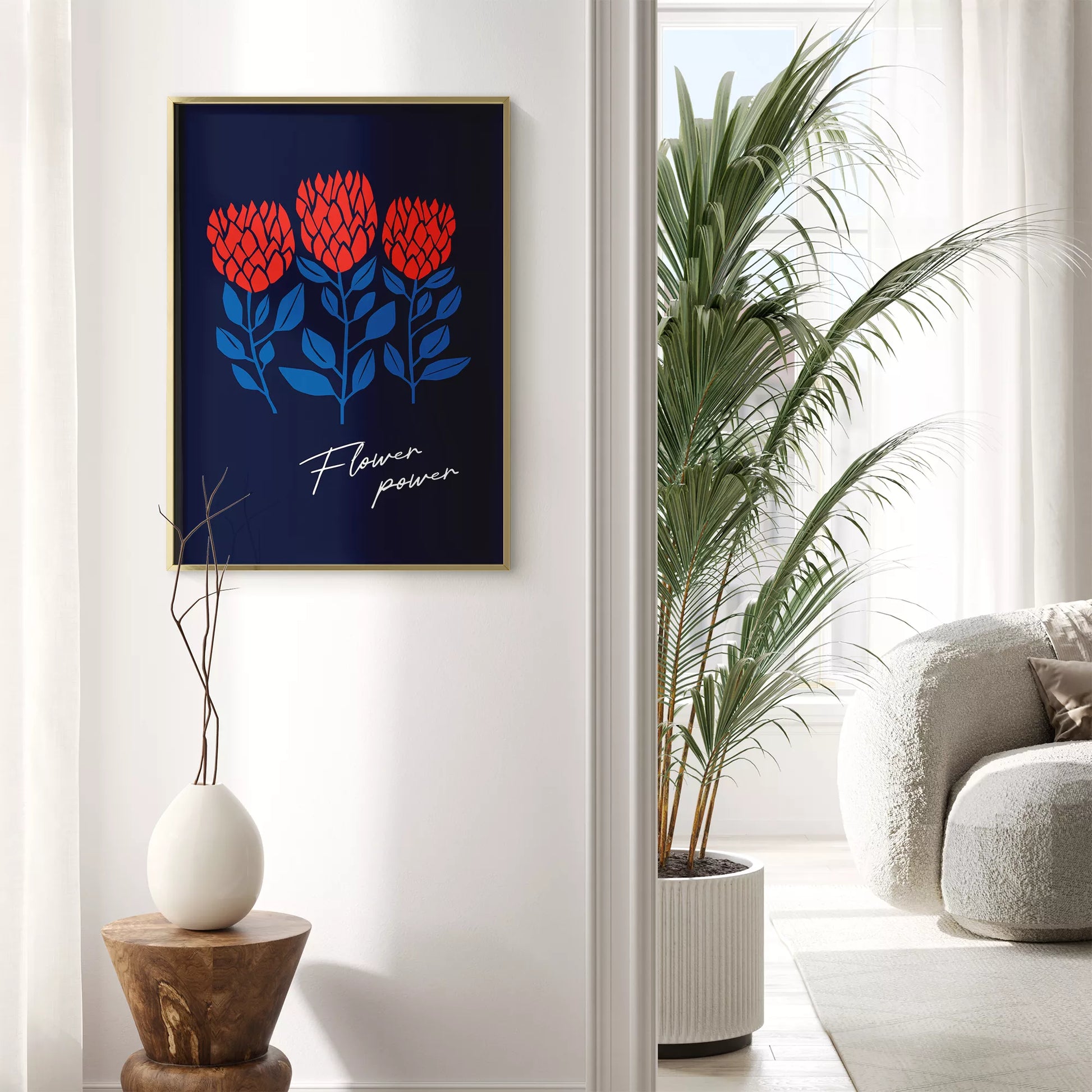 北欧ミニマルデザインのレッドフラワーアートポスター ネイビーバック