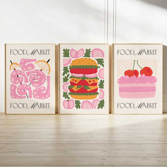 ピンクトーンのシュリンプバーガーケーキ フードマーケットアートポスター 3枚セット