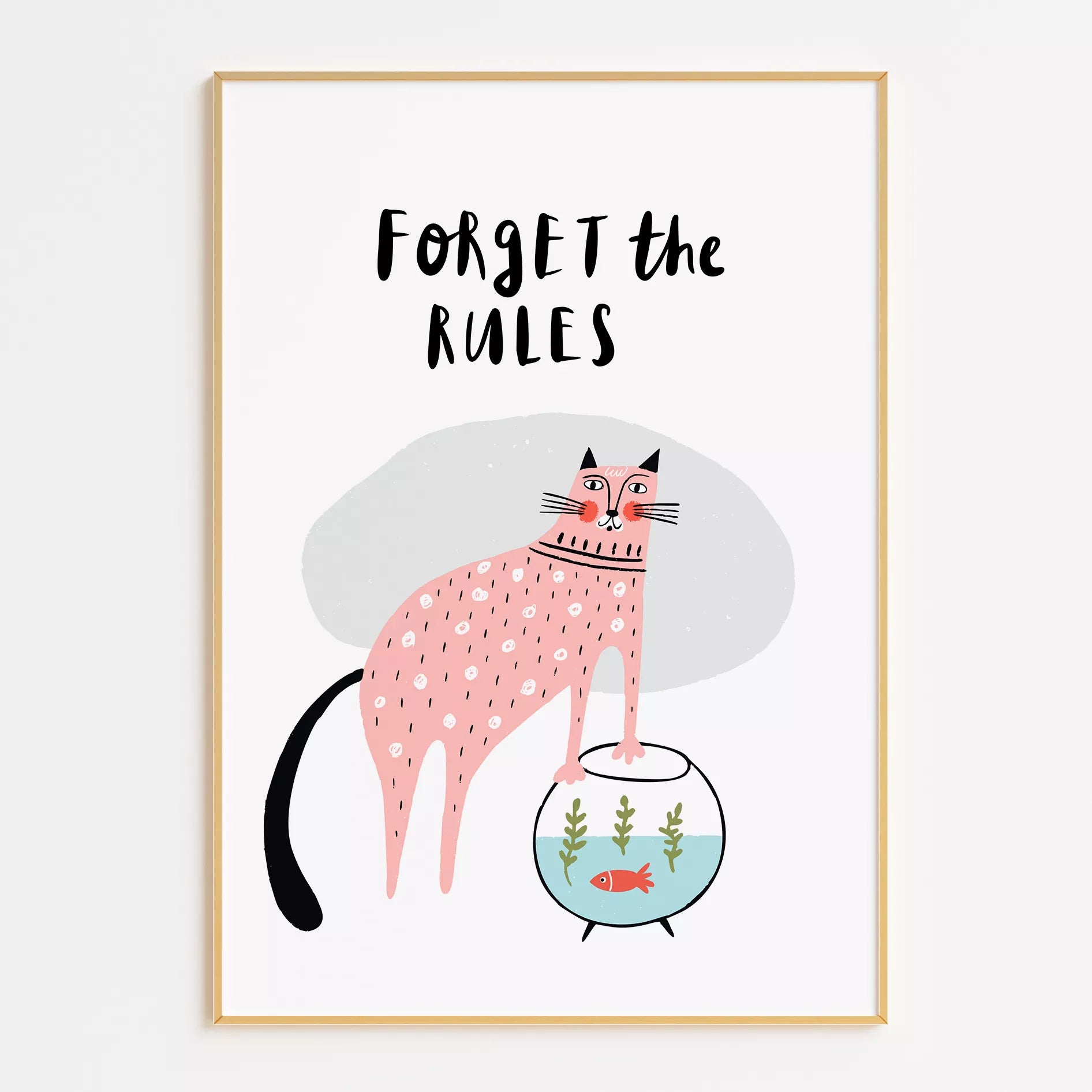 「Forget the Rules」キャットデザインのキッズアートポスター 子供部屋用