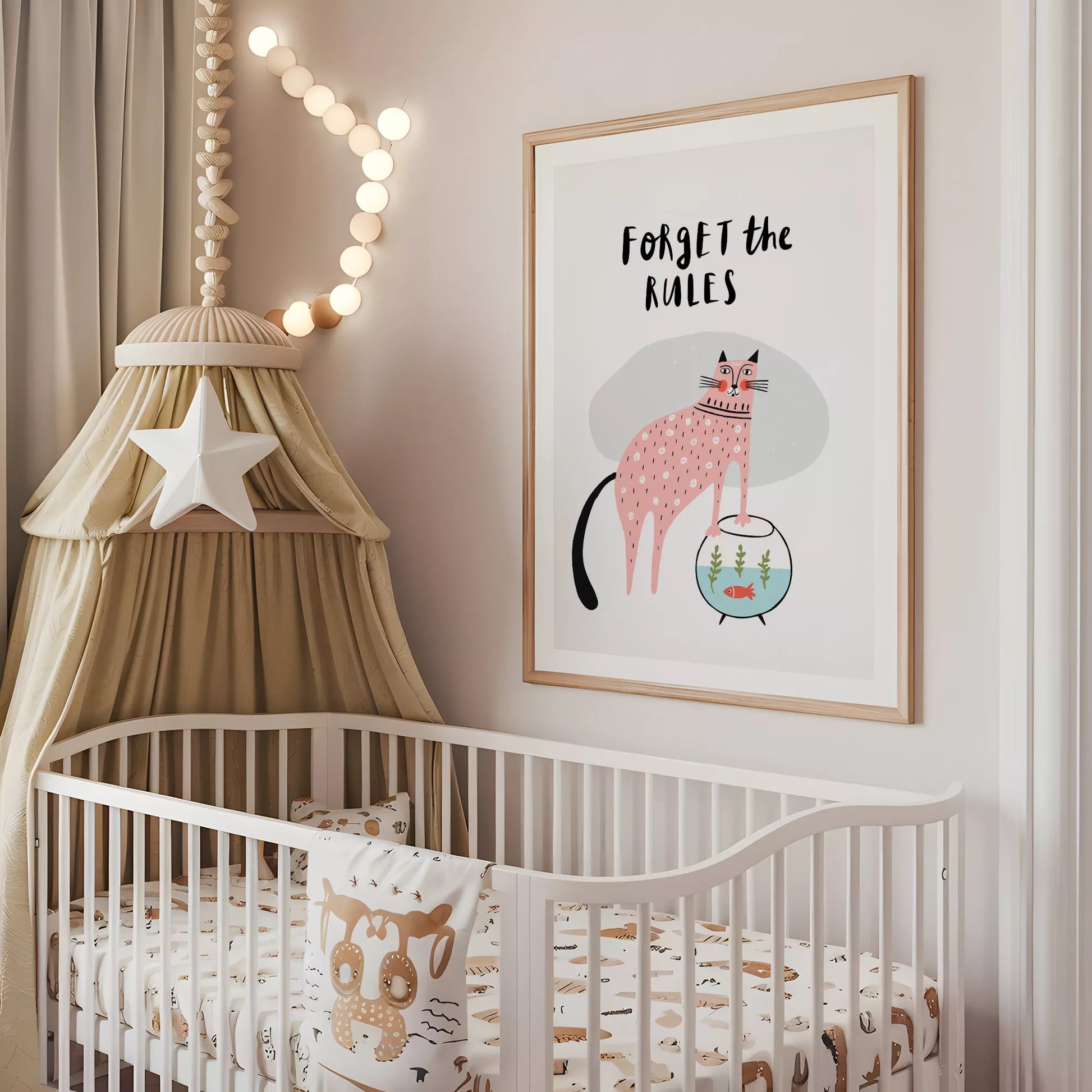 「Forget the Rules」キャットデザインのキッズアートポスター 子供部屋用