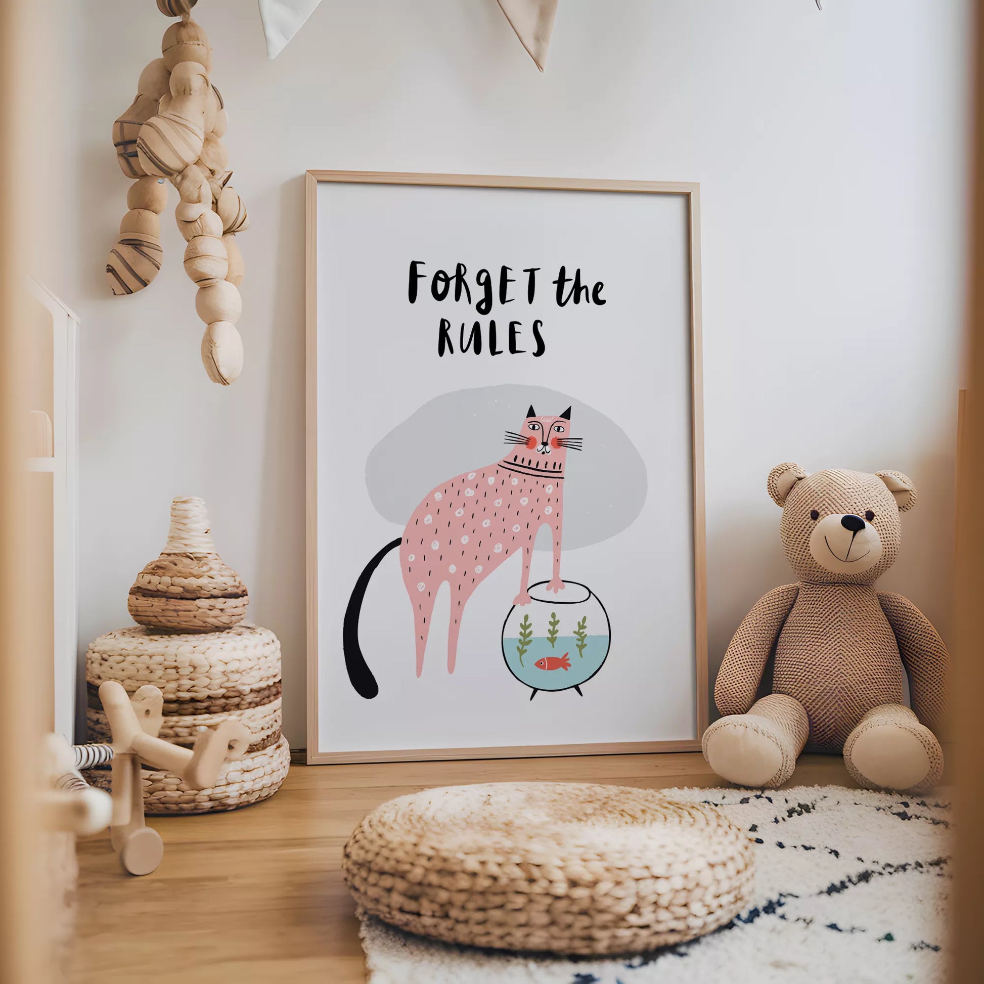 「Forget the Rules」キャットデザインのキッズアートポスター 子供部屋用
