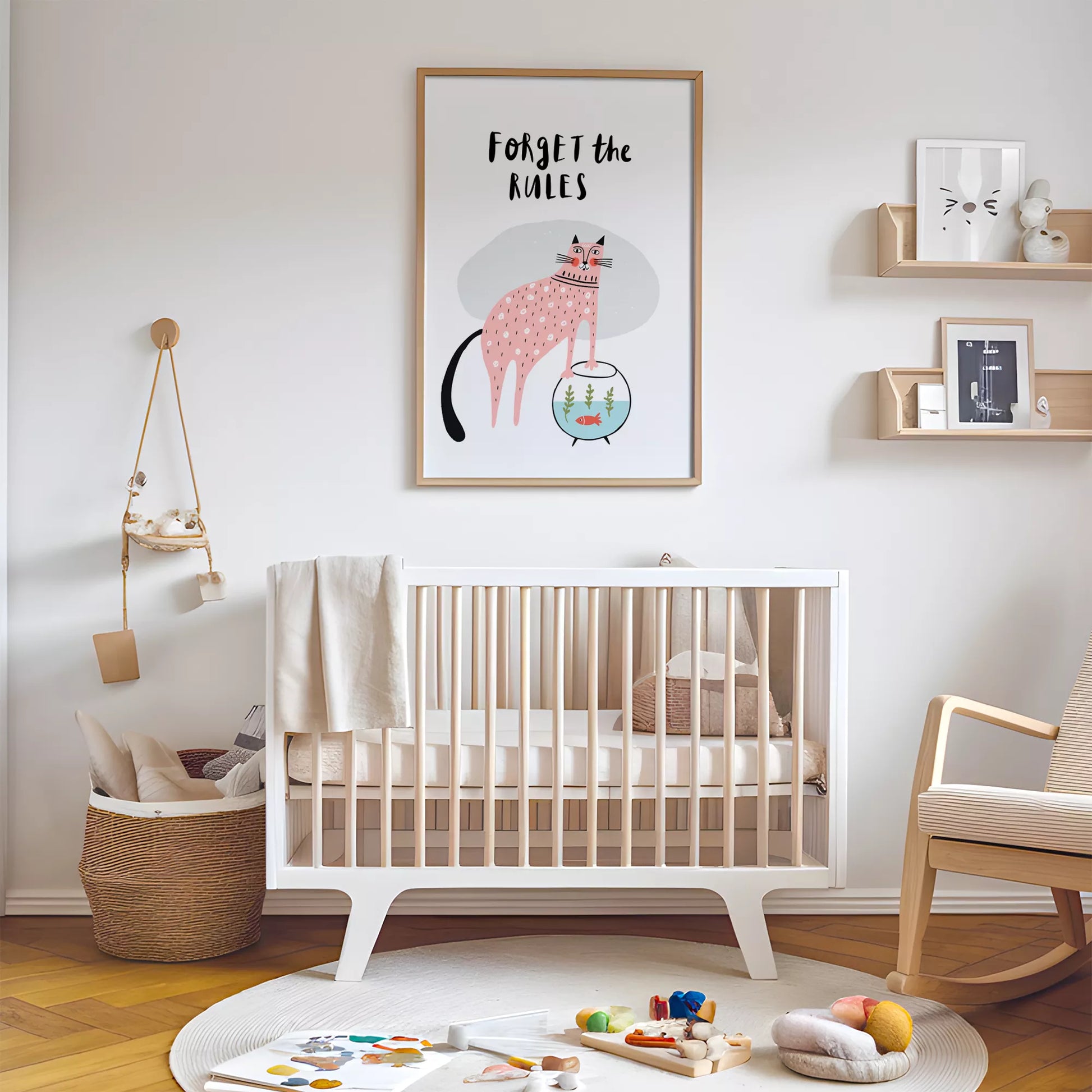 「Forget the Rules」キャットデザインのキッズアートポスター 子供部屋用