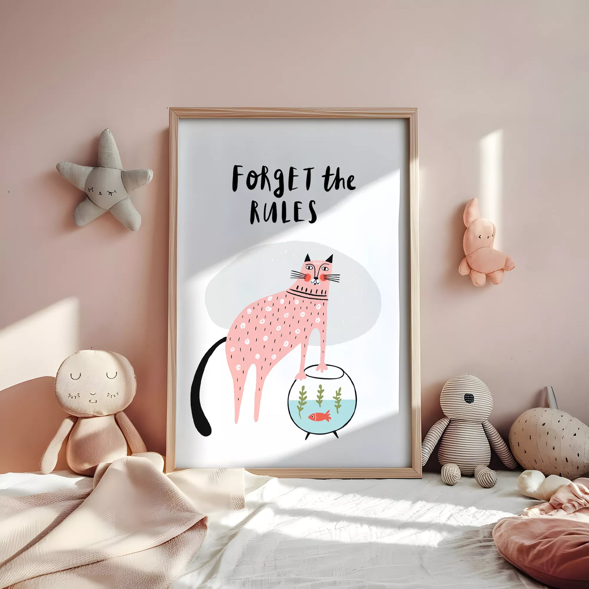 「Forget the Rules」キャットデザインのキッズアートポスター 子供部屋用