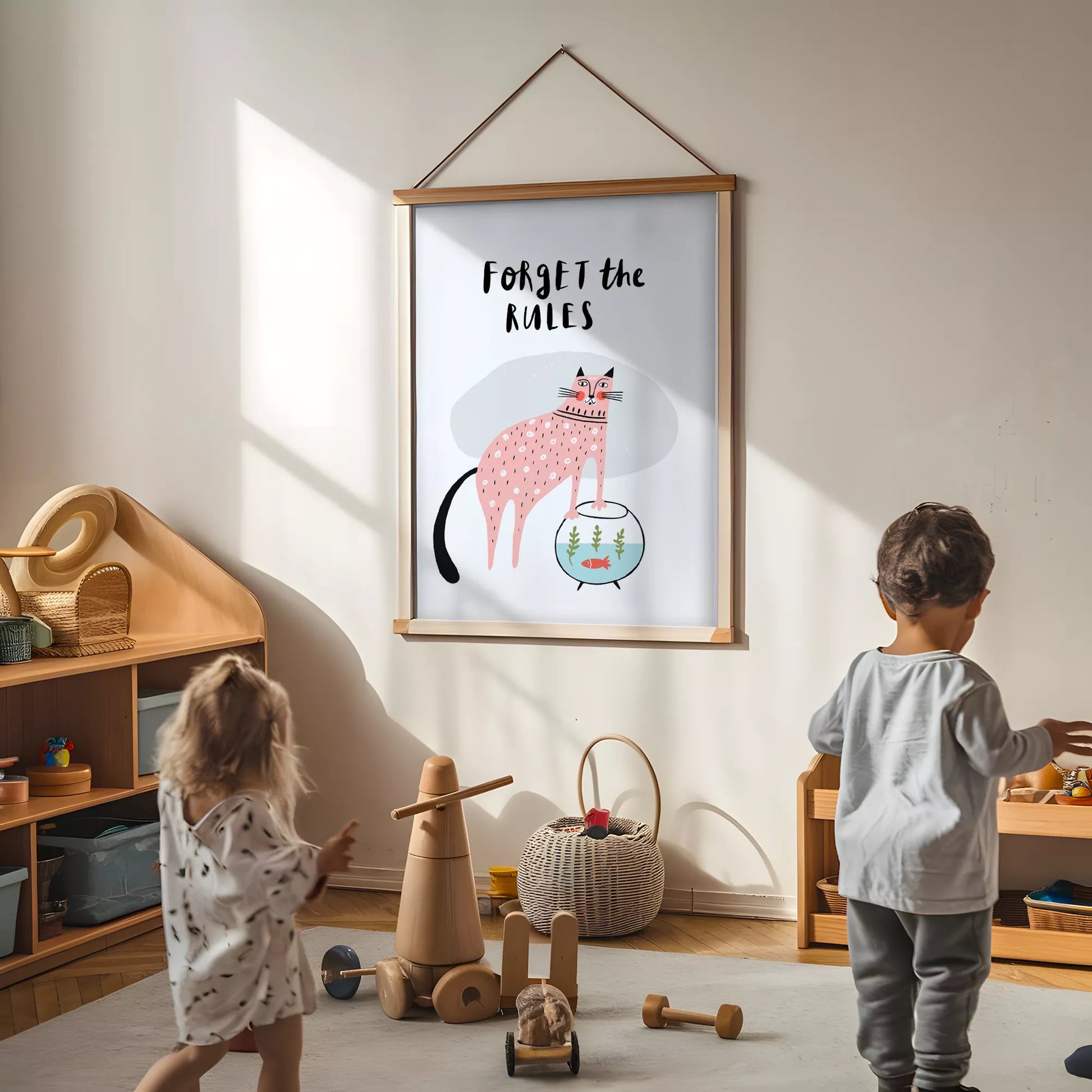 「Forget the Rules」キャットデザインのキッズアートポスター 子供部屋用
