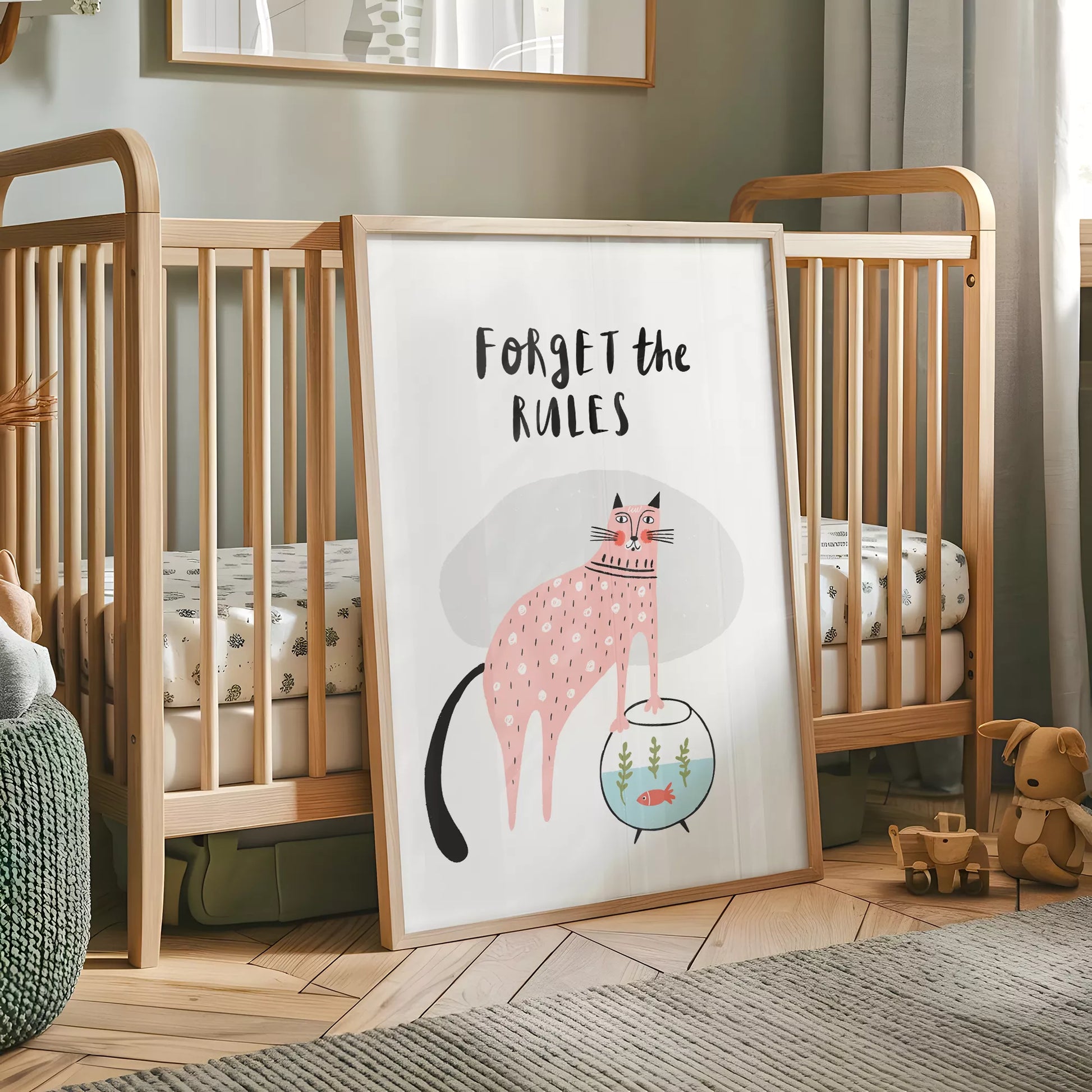 「Forget the Rules」キャットデザインのキッズアートポスター 子供部屋用