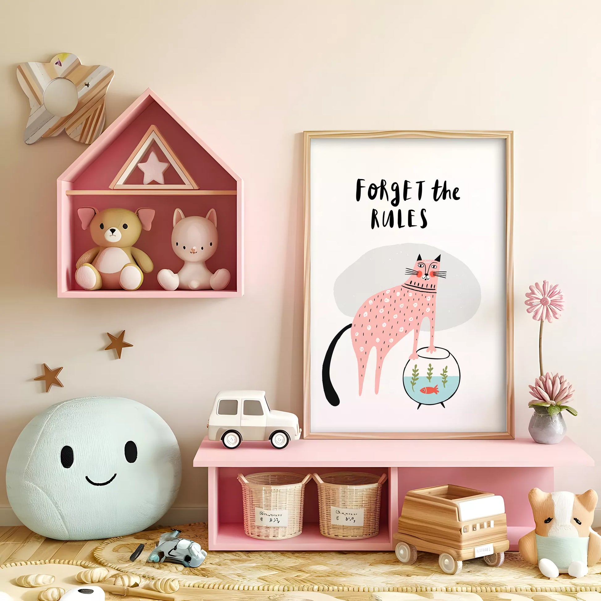 「Forget the Rules」キャットデザインのキッズアートポスター 子供部屋用
