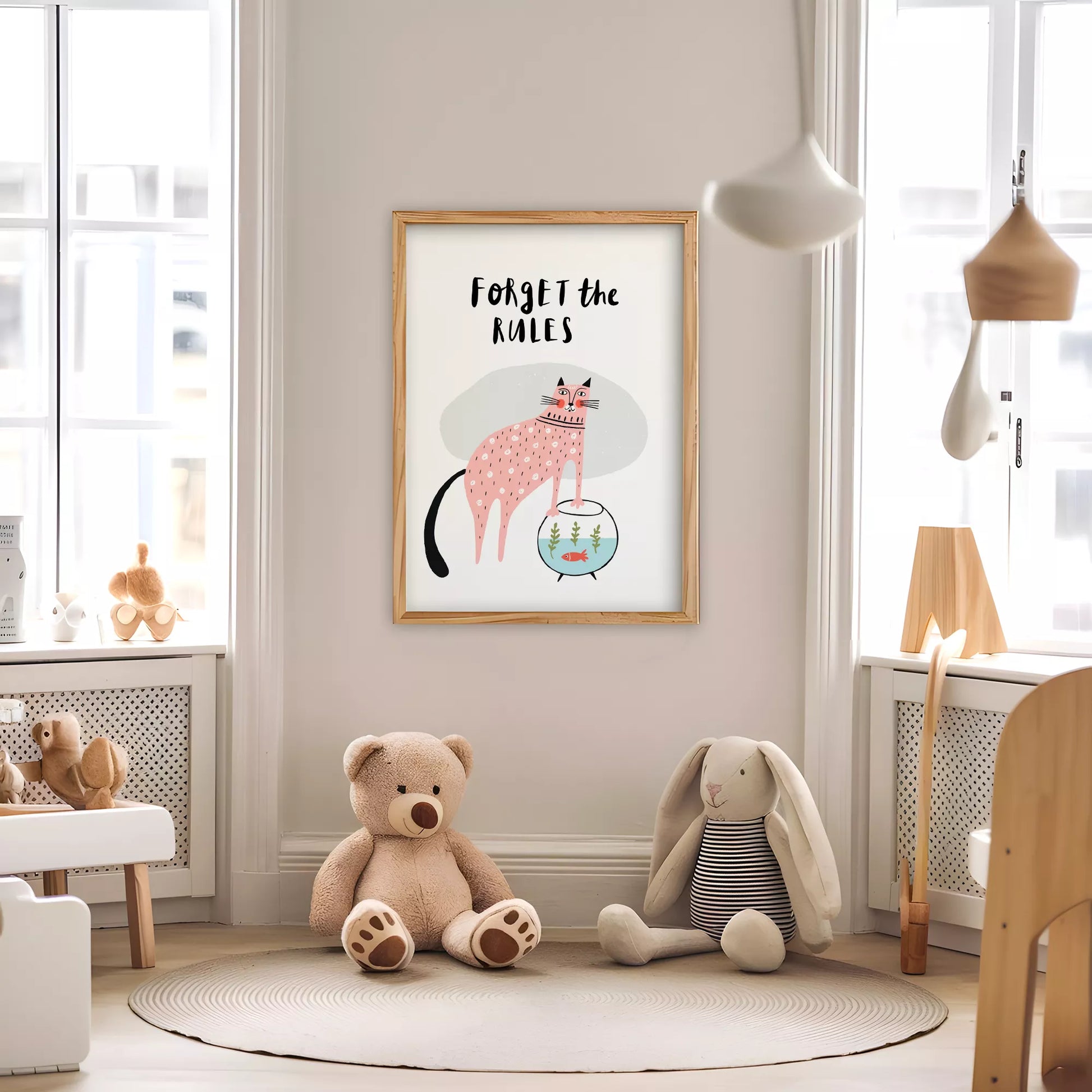 「Forget the Rules」キャットデザインのキッズアートポスター 子供部屋用