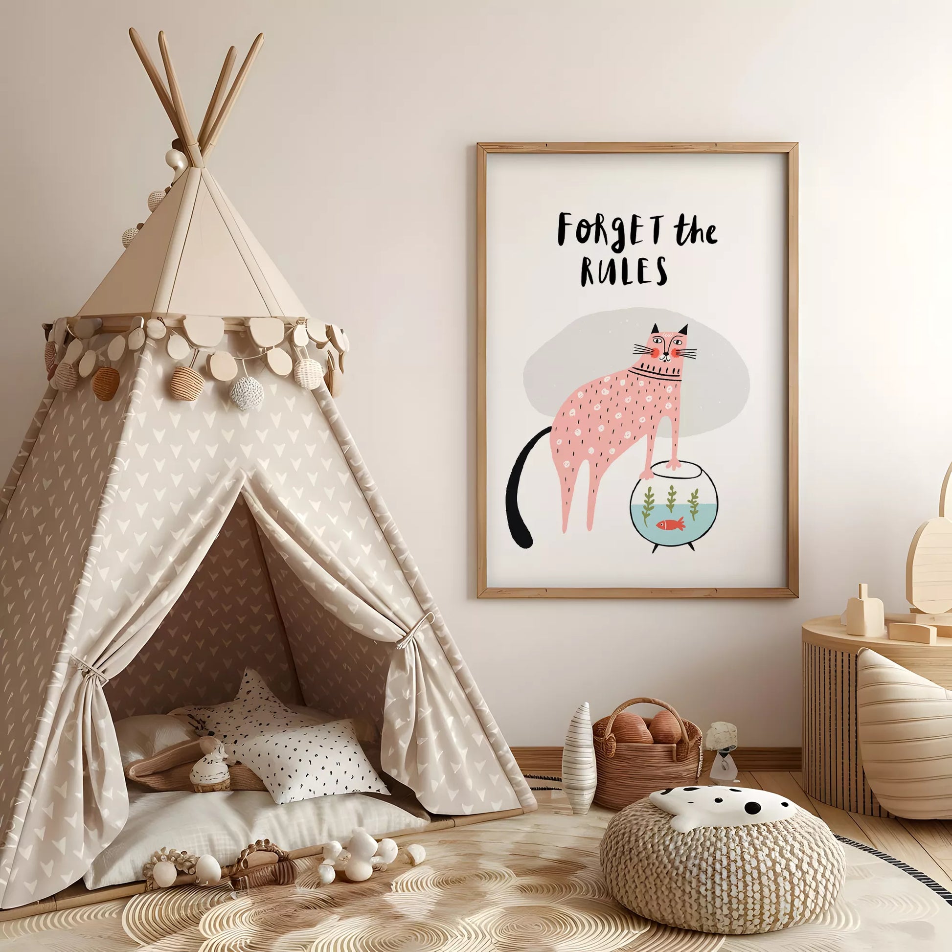 「Forget the Rules」キャットデザインのキッズアートポスター 子供部屋用