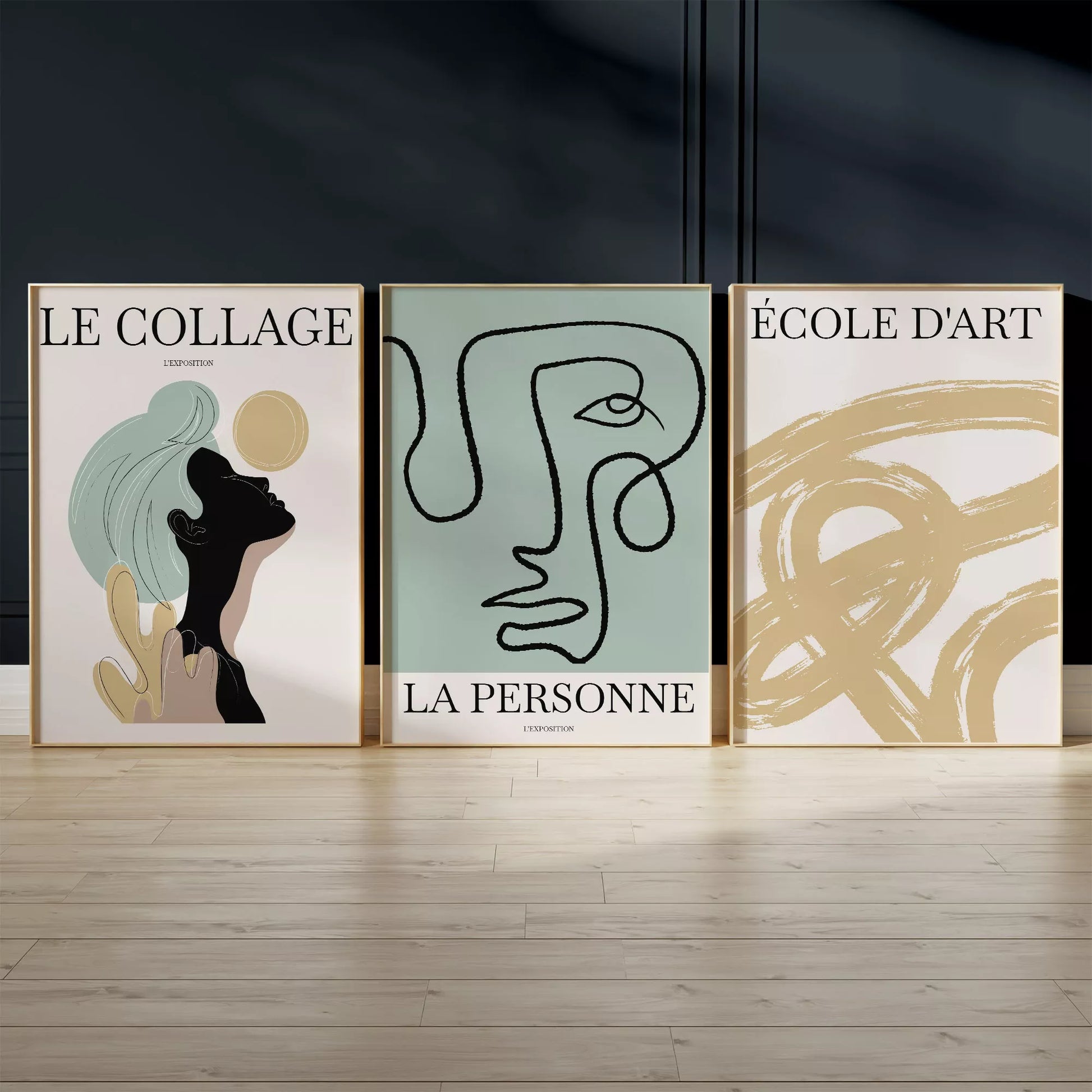 フランス風モダンアート3点セット、抽象的な線画とシルエットの壁掛けポスター