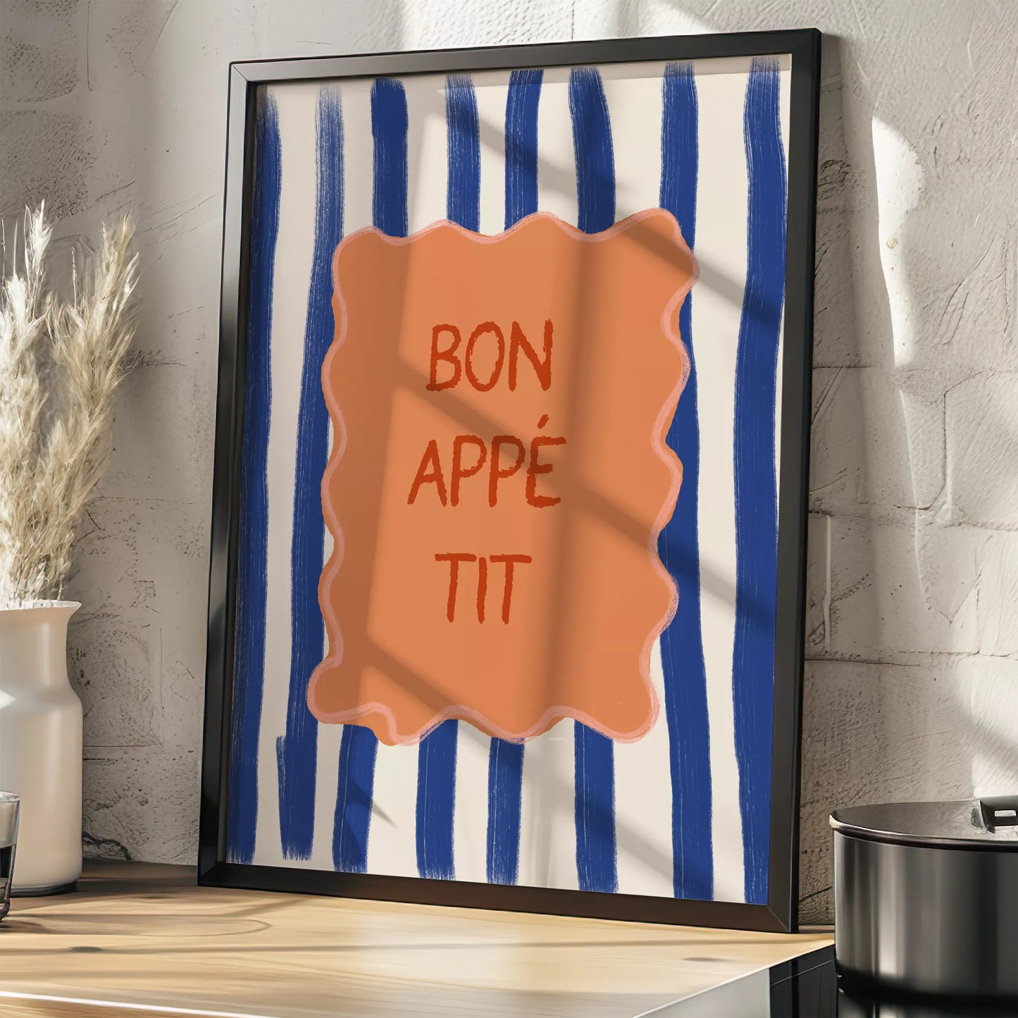 ネイビーストライプ背景のボナペティフレンチカフェアート