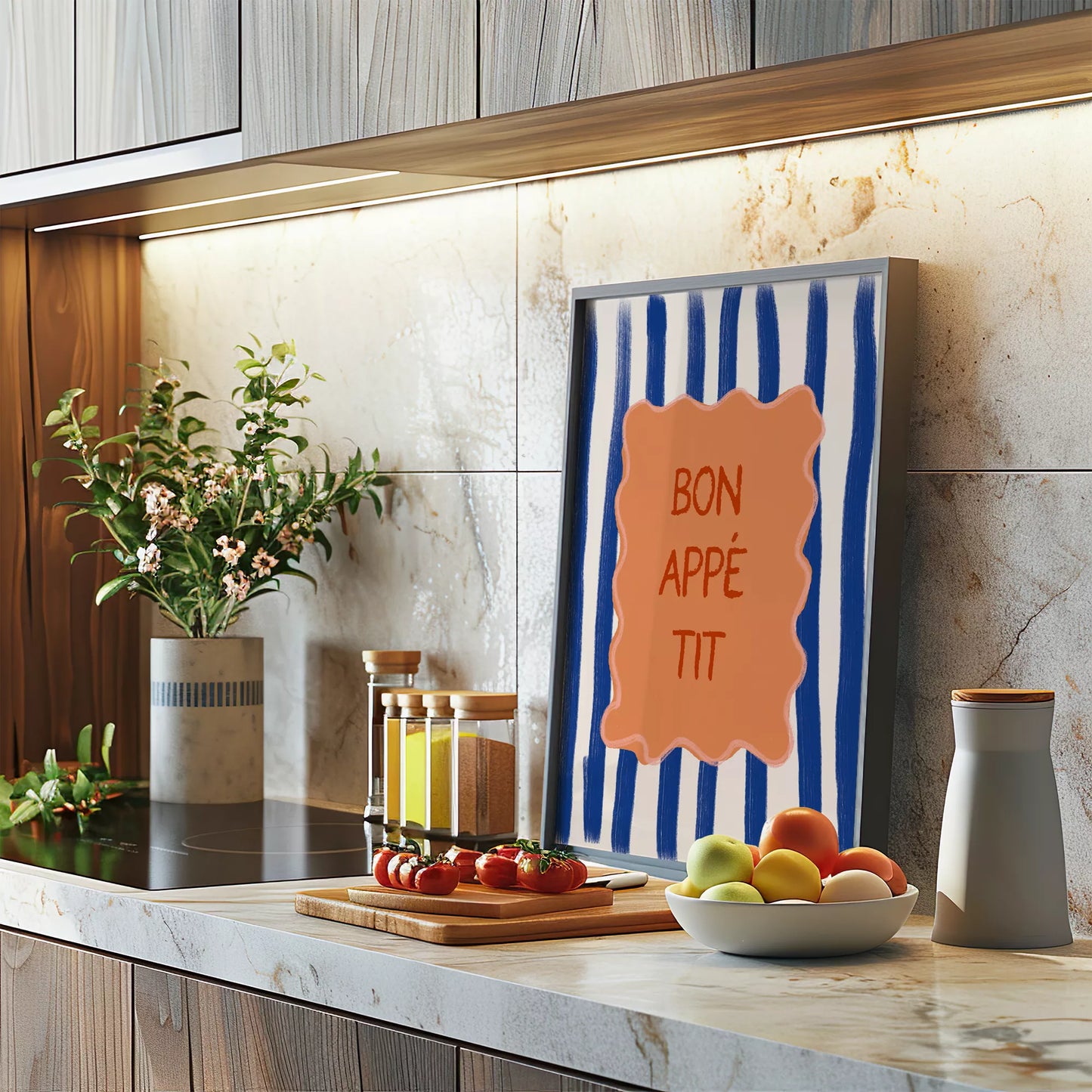 ネイビーストライプ背景のボナペティフレンチカフェアート