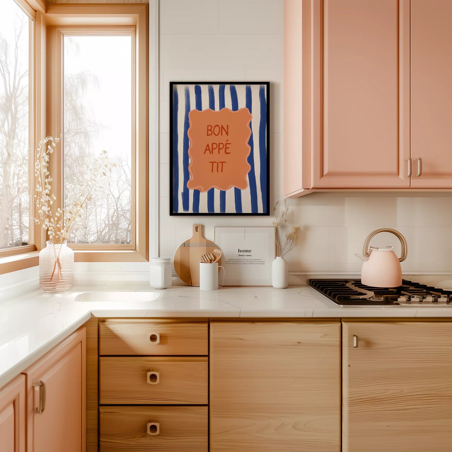 ネイビーストライプ背景のボナペティフレンチカフェアート