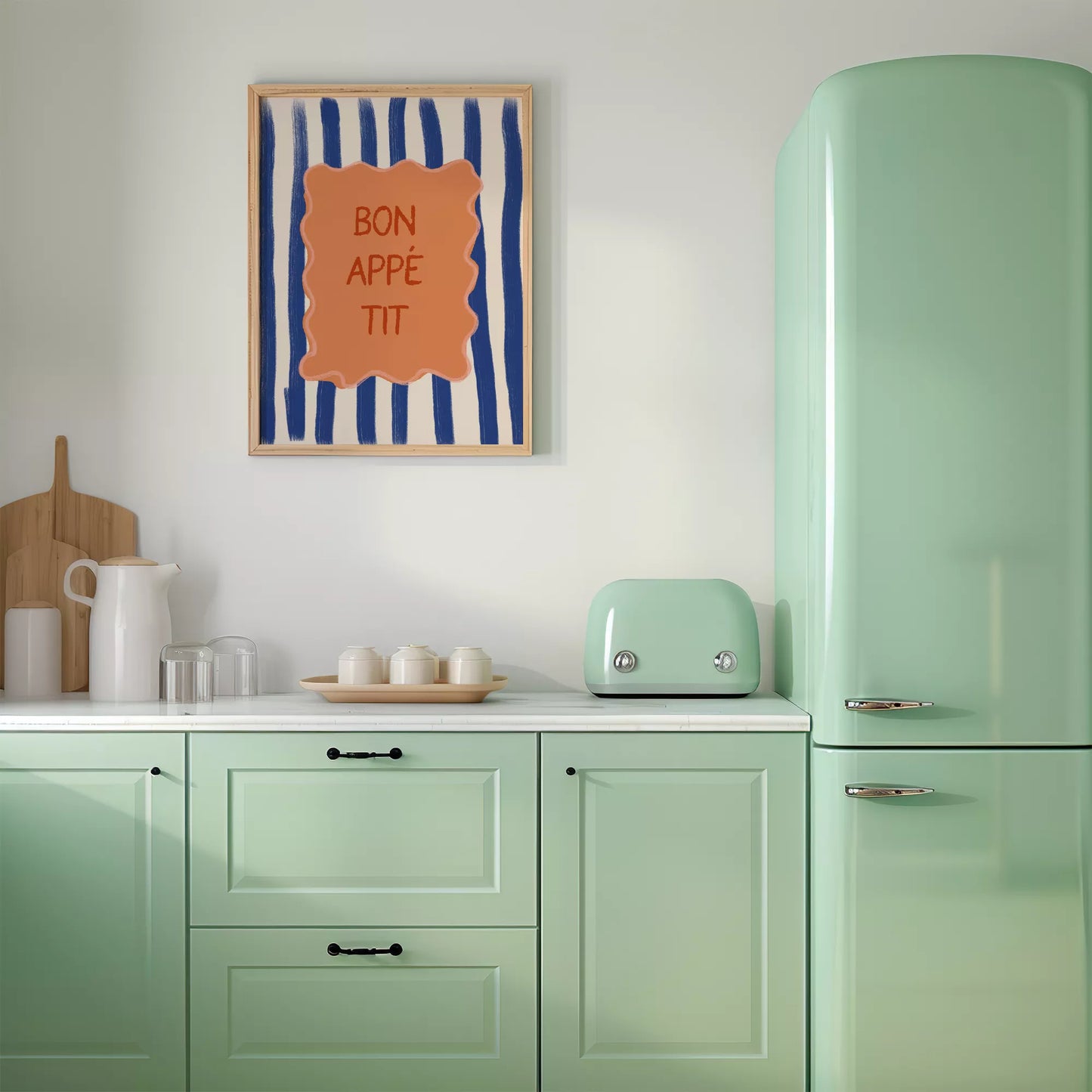 ネイビーストライプ背景のボナペティフレンチカフェアート