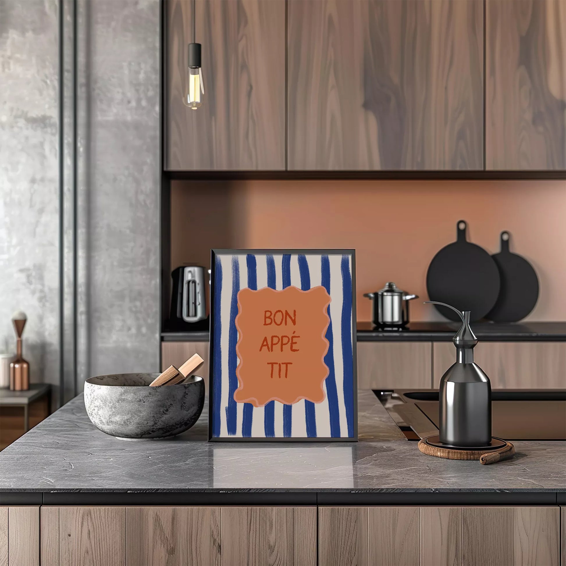 ネイビーストライプ背景のボナペティフレンチカフェアート