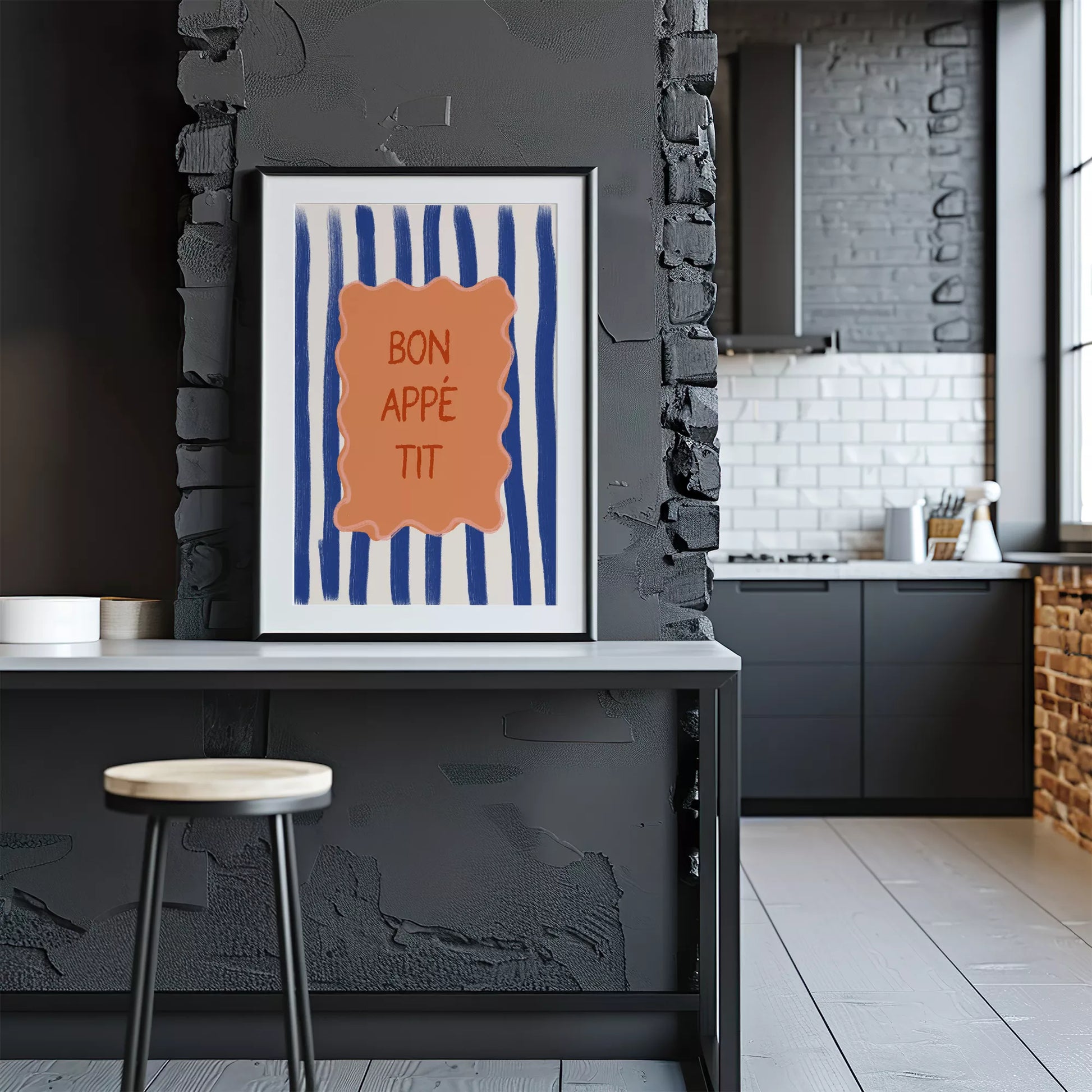 ネイビーストライプ背景のボナペティフレンチカフェアート