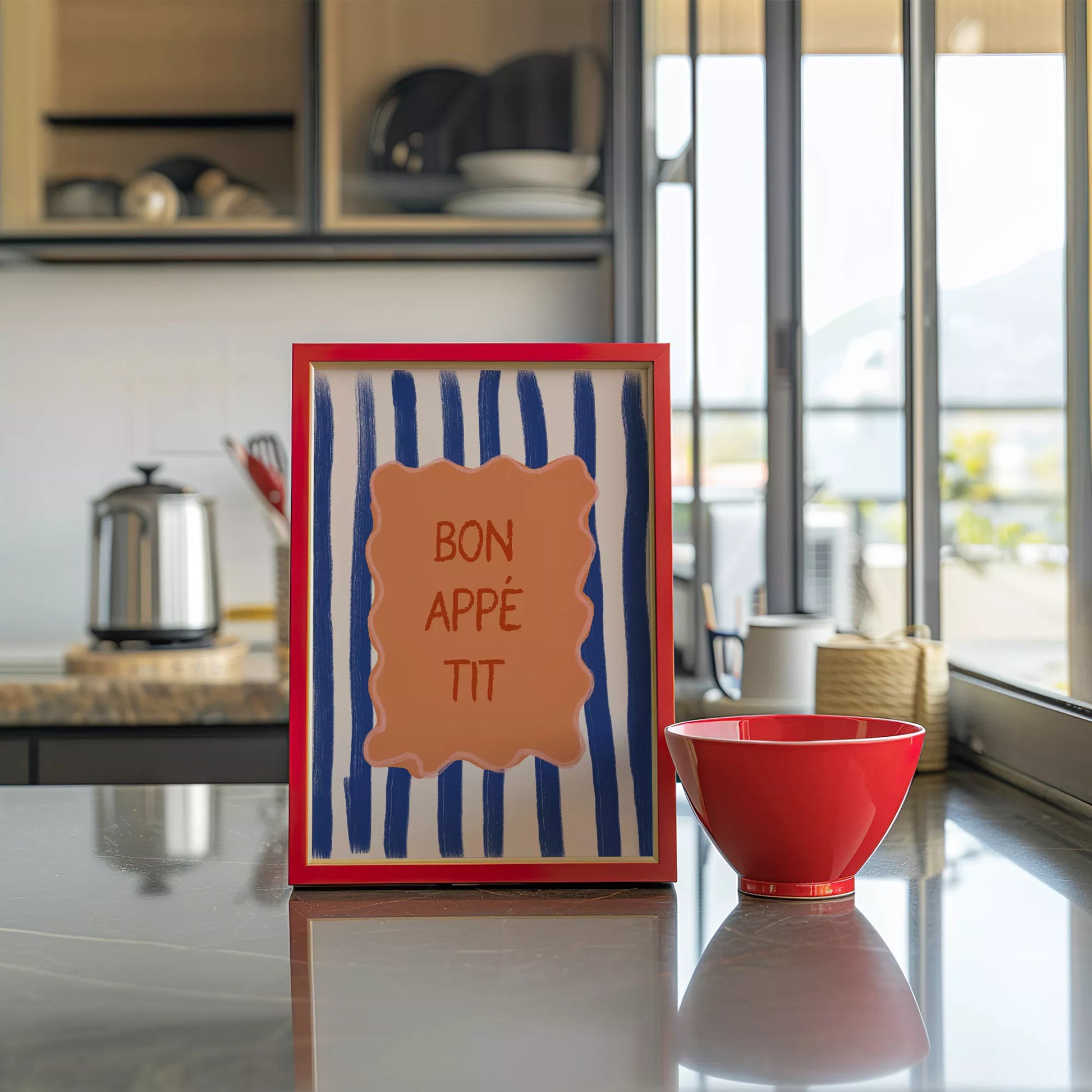 ネイビーストライプ背景のボナペティフレンチカフェアート