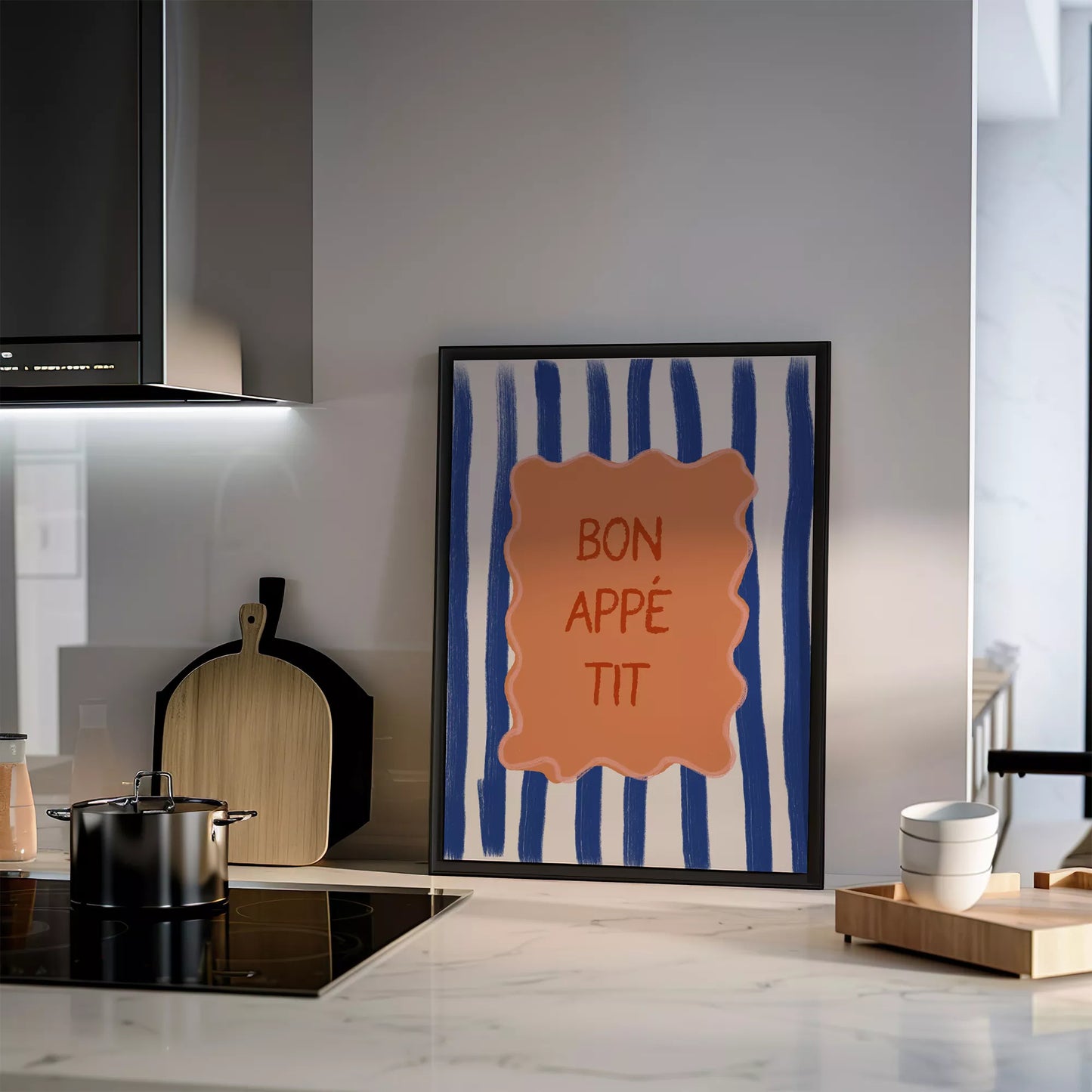 ネイビーストライプ背景のボナペティフレンチカフェアート
