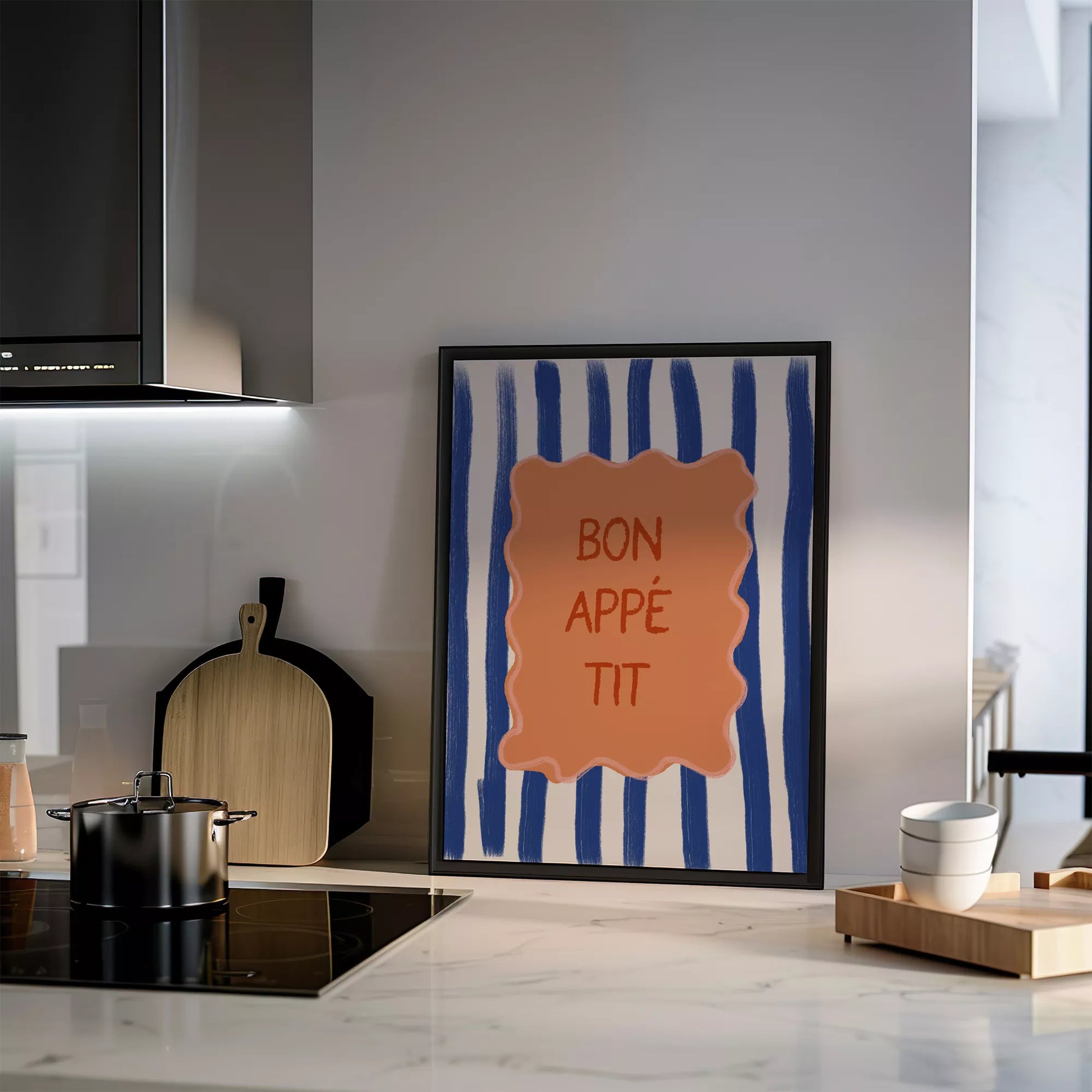 ネイビーストライプ背景のボナペティフレンチカフェアート