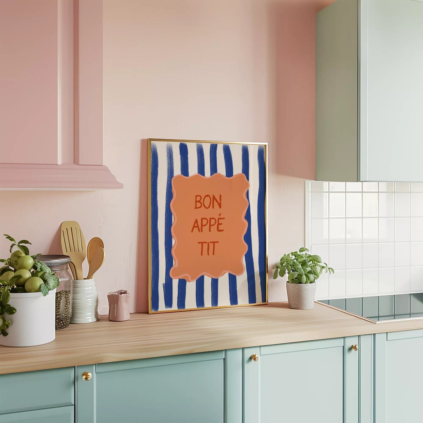 ネイビーストライプ背景のボナペティフレンチカフェアート