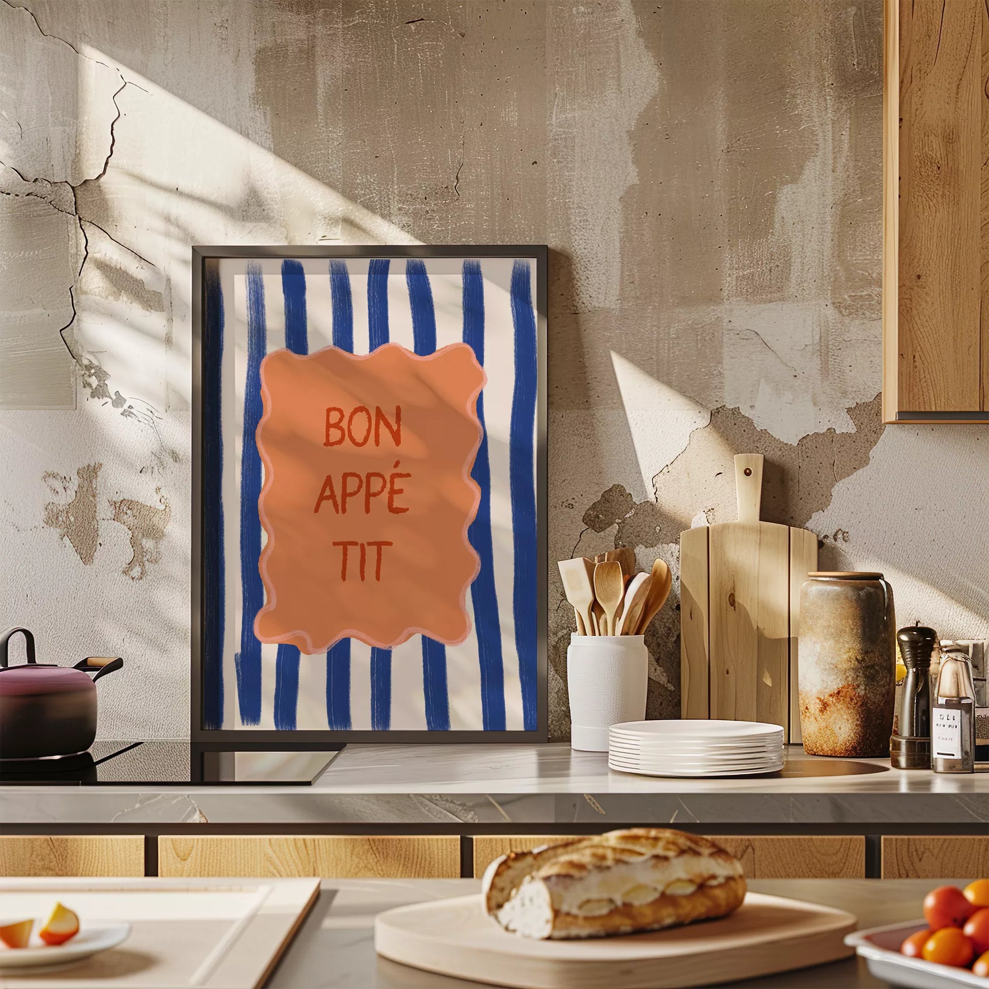 ネイビーストライプ背景のボナペティフレンチカフェアート
