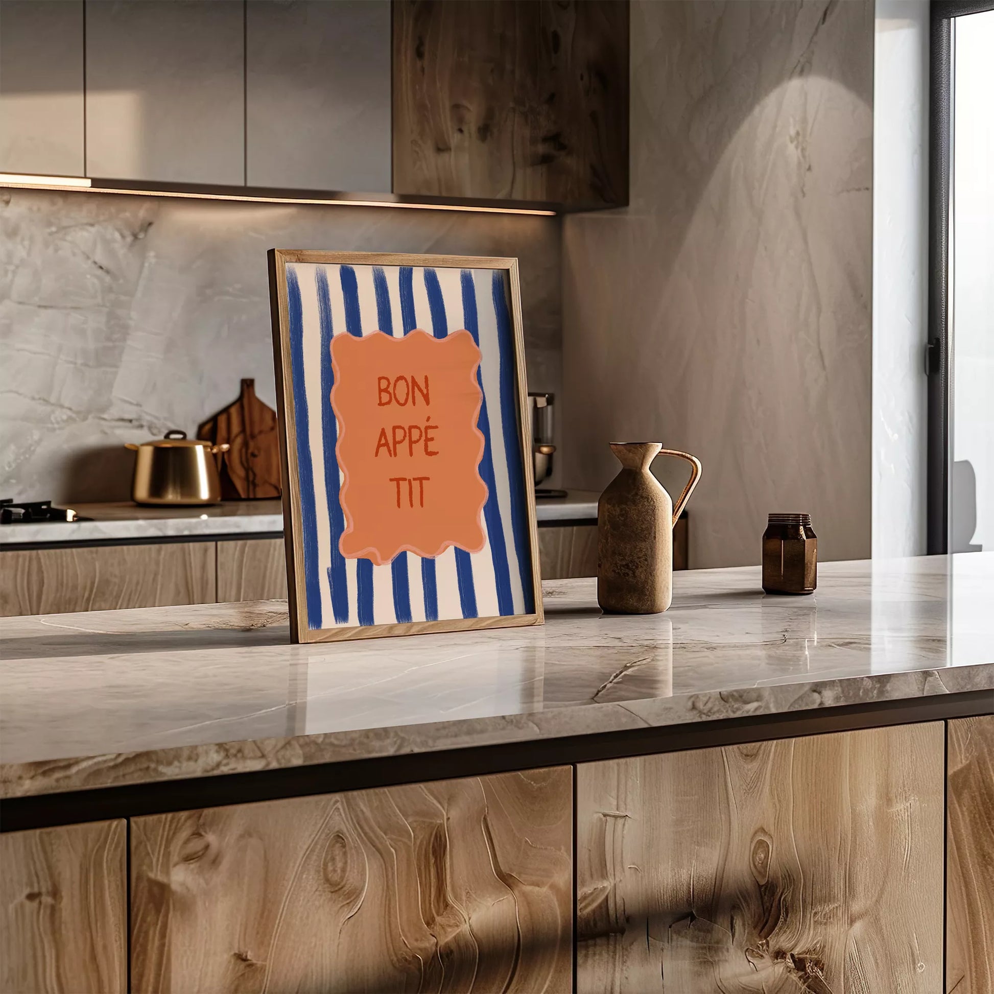 ネイビーストライプ背景のボナペティフレンチカフェアート