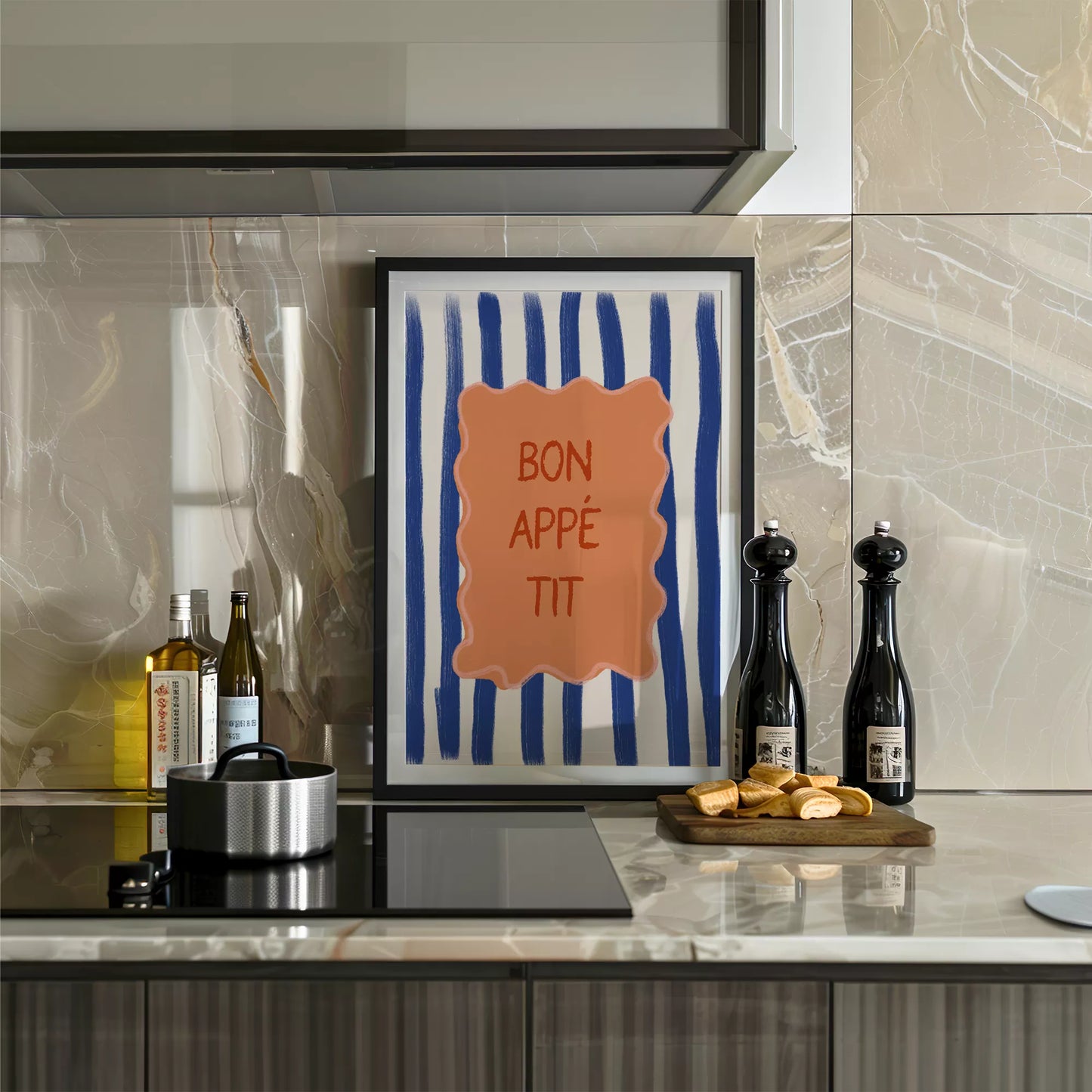 ネイビーストライプ背景のボナペティフレンチカフェアート