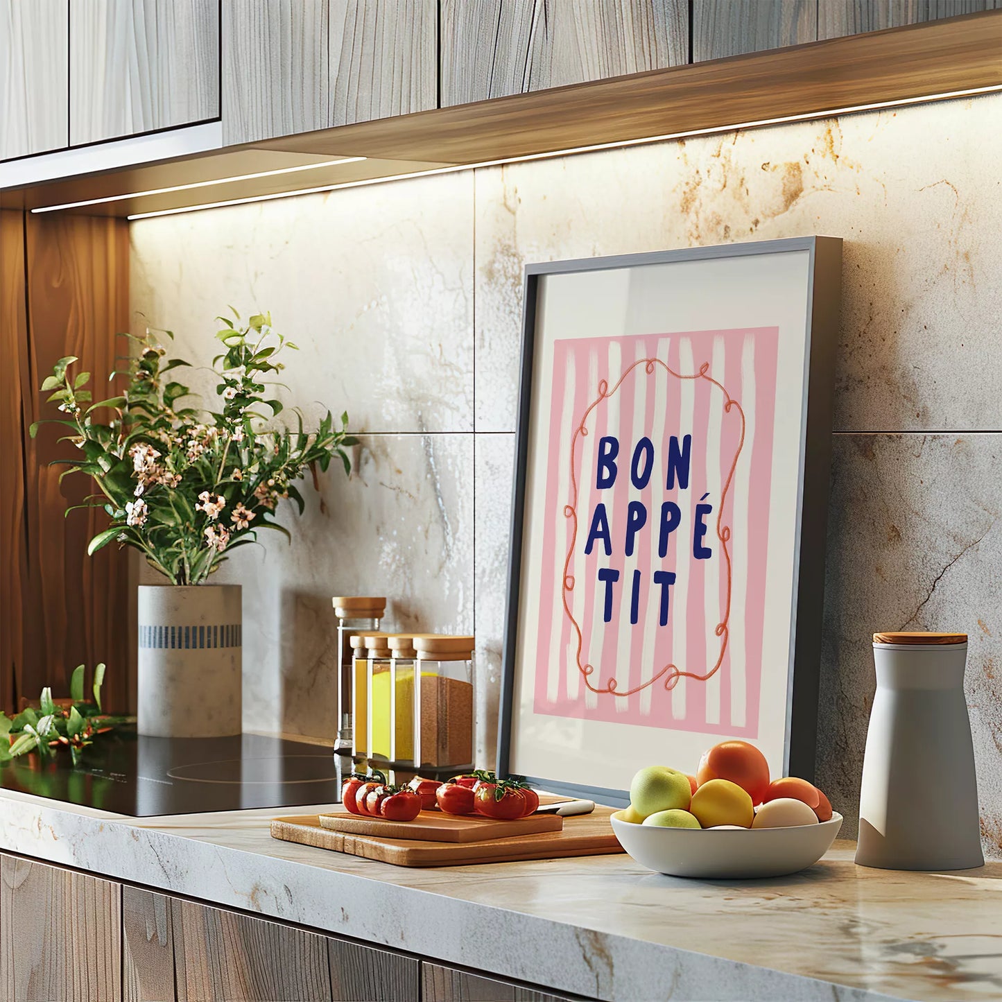 ピンクストライプ背景にネイビー文字のボナペティポスター