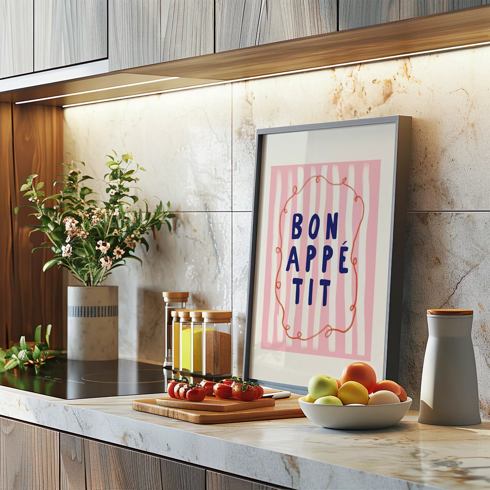 ピンクストライプ背景にネイビー文字のボナペティポスター