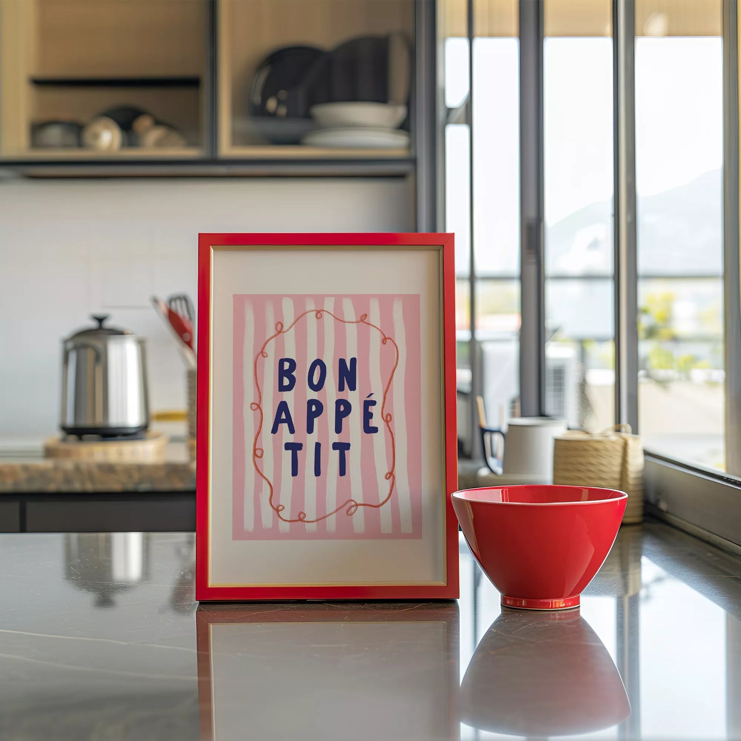 ピンクストライプ背景にネイビー文字のボナペティポスター