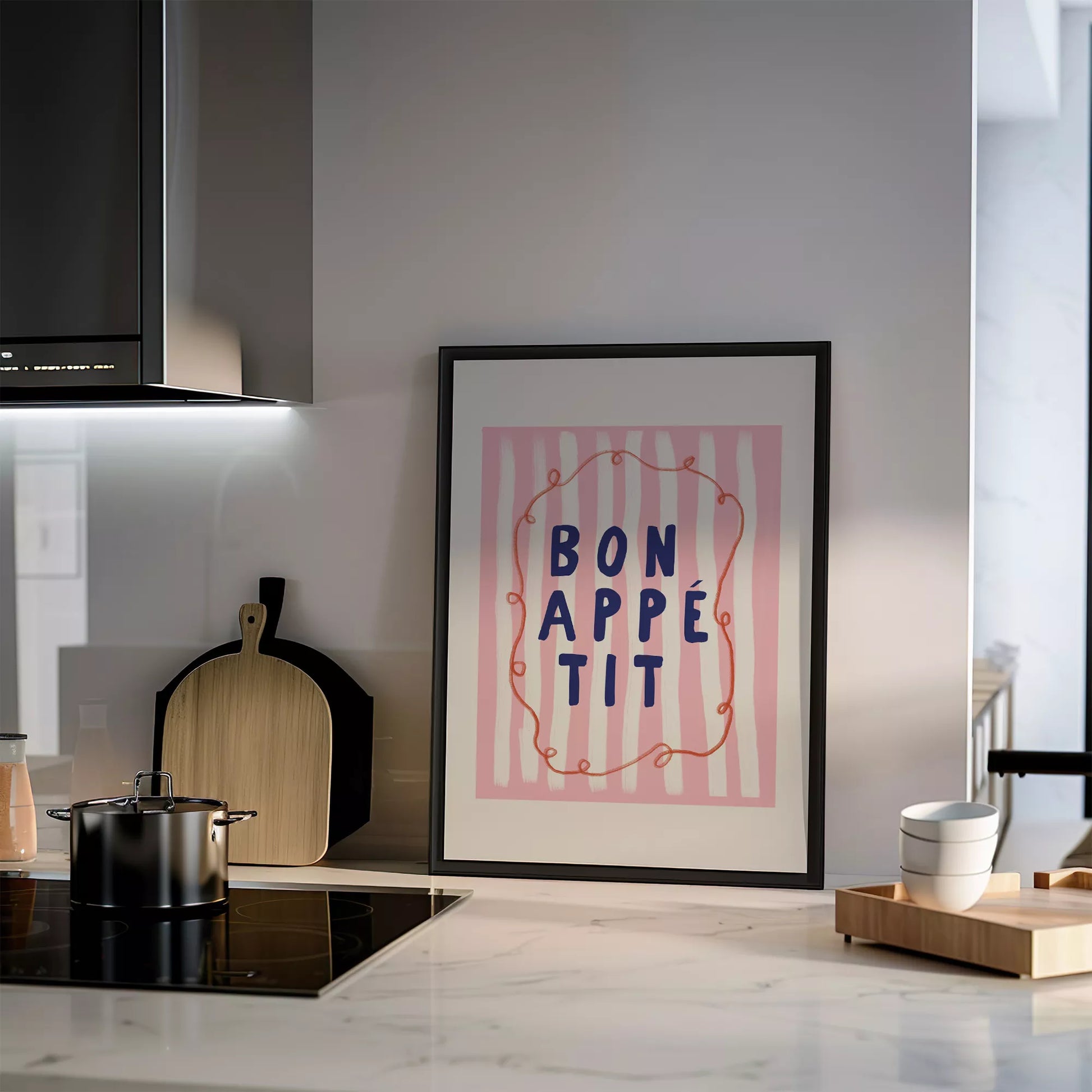 ピンクストライプ背景にネイビー文字のボナペティポスター