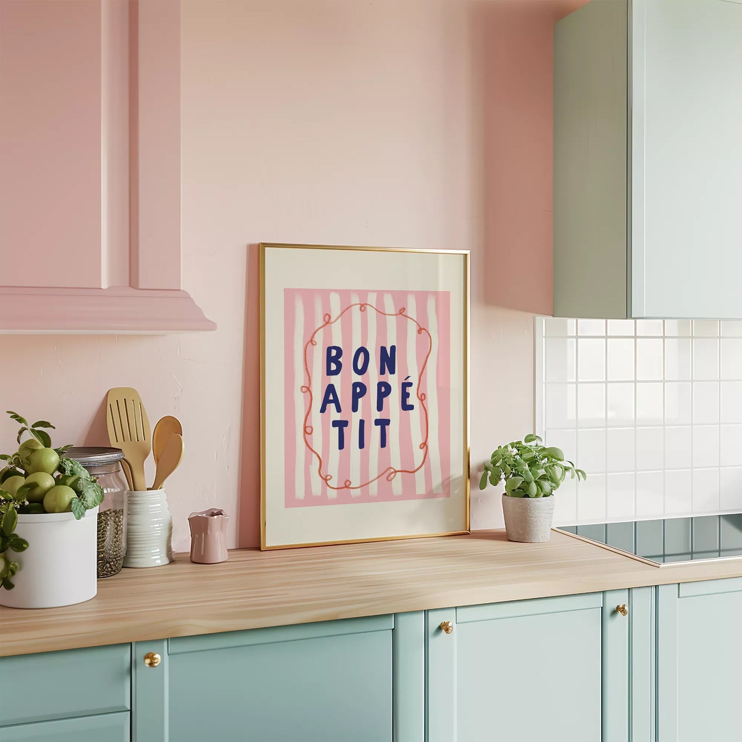 ピンクストライプ背景にネイビー文字のボナペティポスター