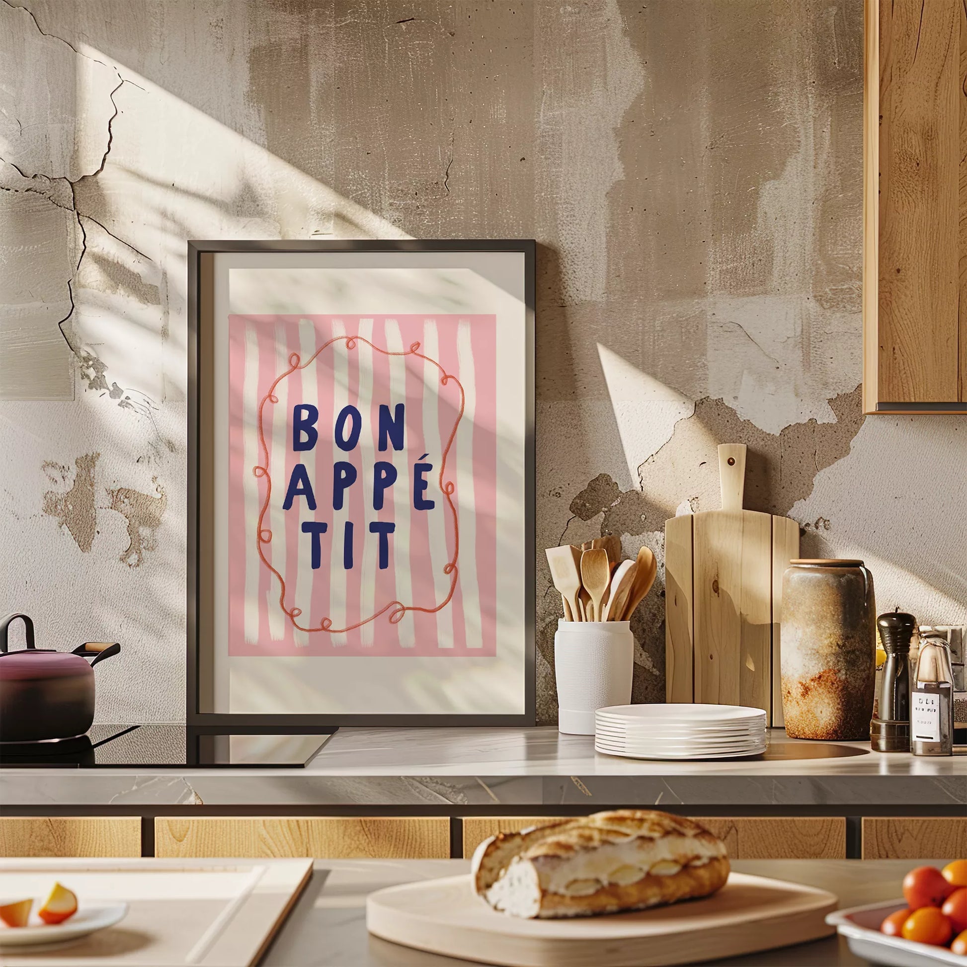 ピンクストライプ背景にネイビー文字のボナペティポスター