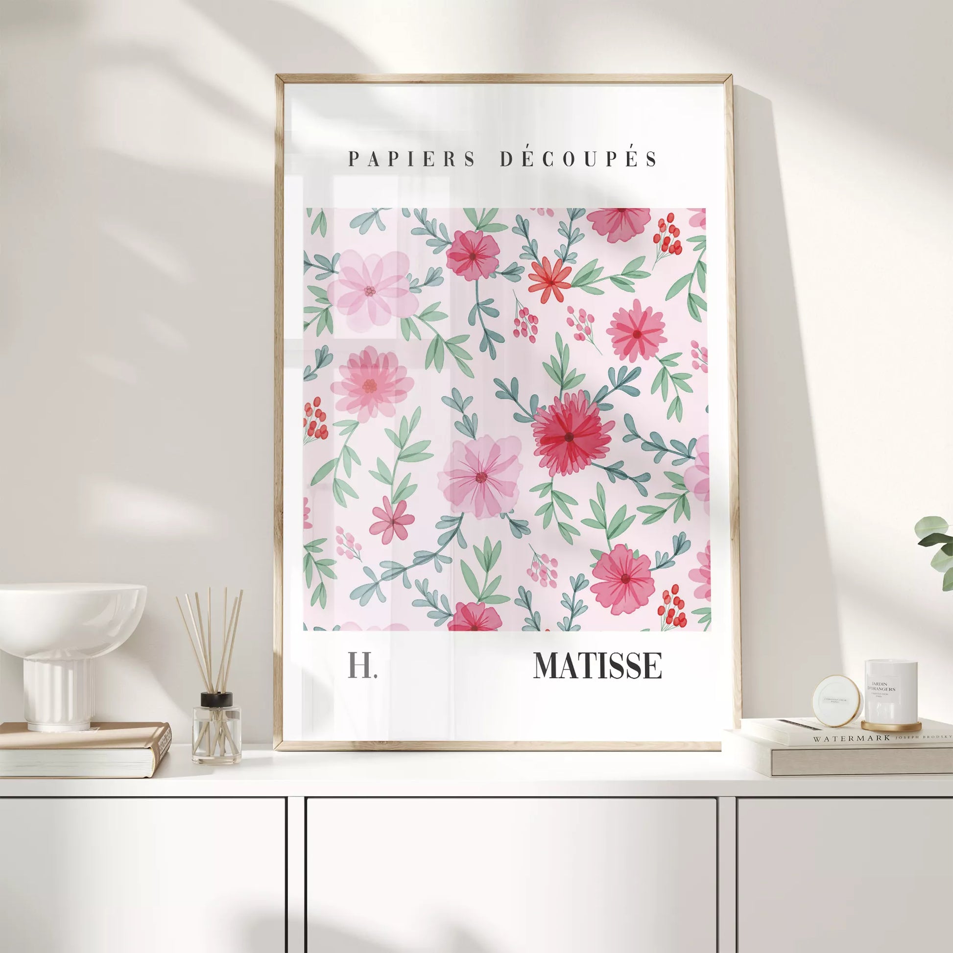 マティスの花柄アートポスター、ピンクの花と緑の葉が優雅に配置された水彩画風デザイン