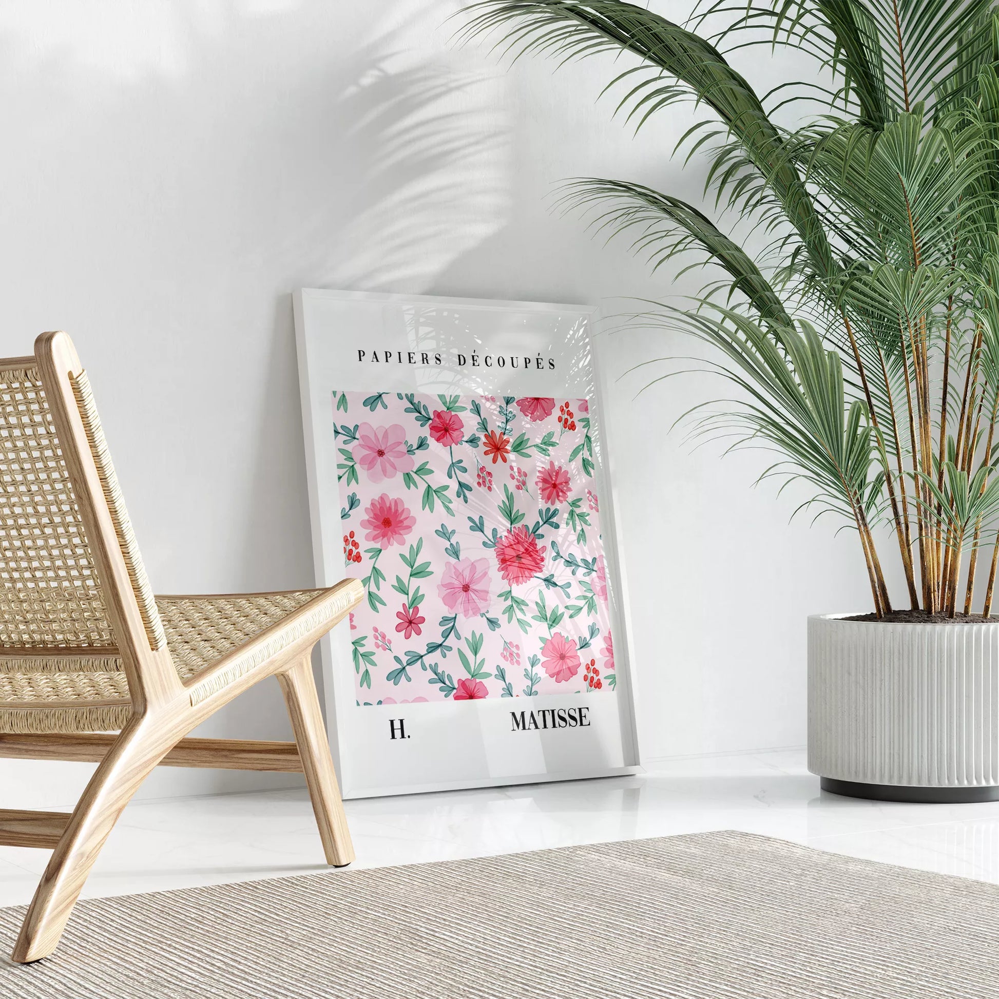 マティスの花柄アートポスター、ピンクの花と緑の葉が優雅に配置された水彩画風デザイン