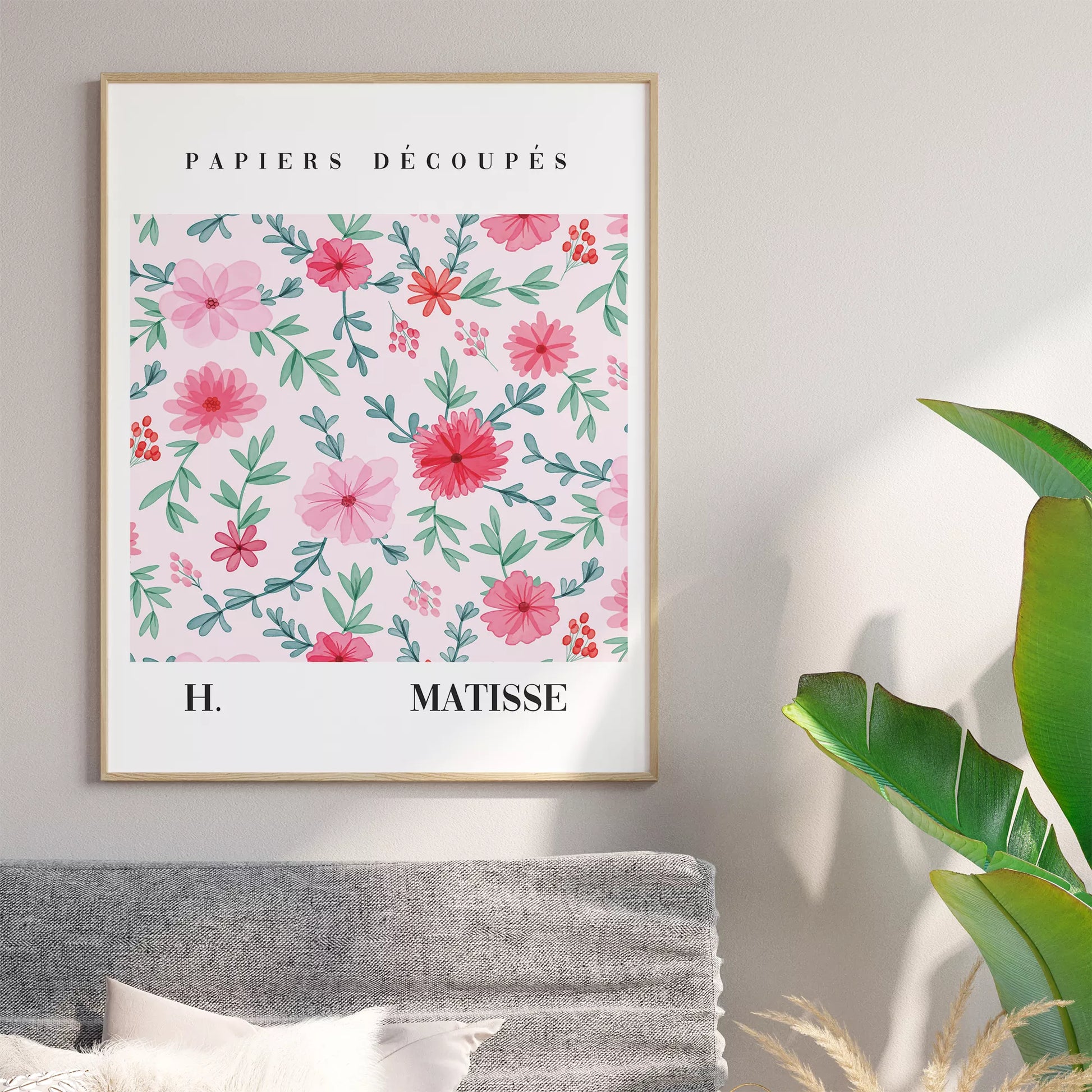 マティスの花柄アートポスター、ピンクの花と緑の葉が優雅に配置された水彩画風デザイン