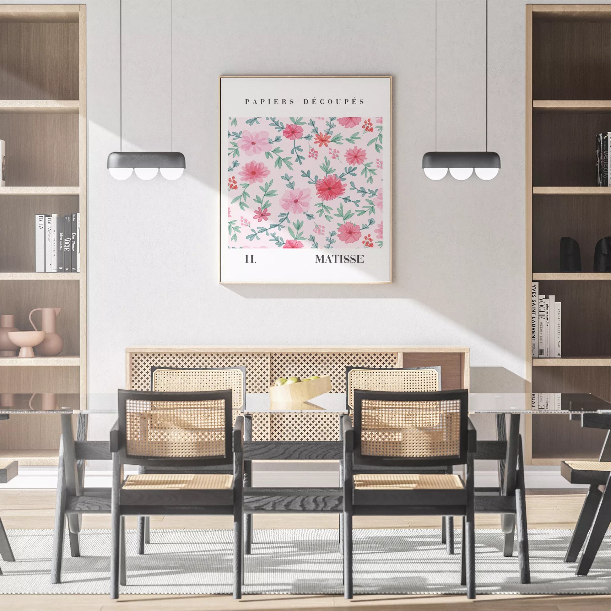 マティスの花柄アートポスター、ピンクの花と緑の葉が優雅に配置された水彩画風デザイン