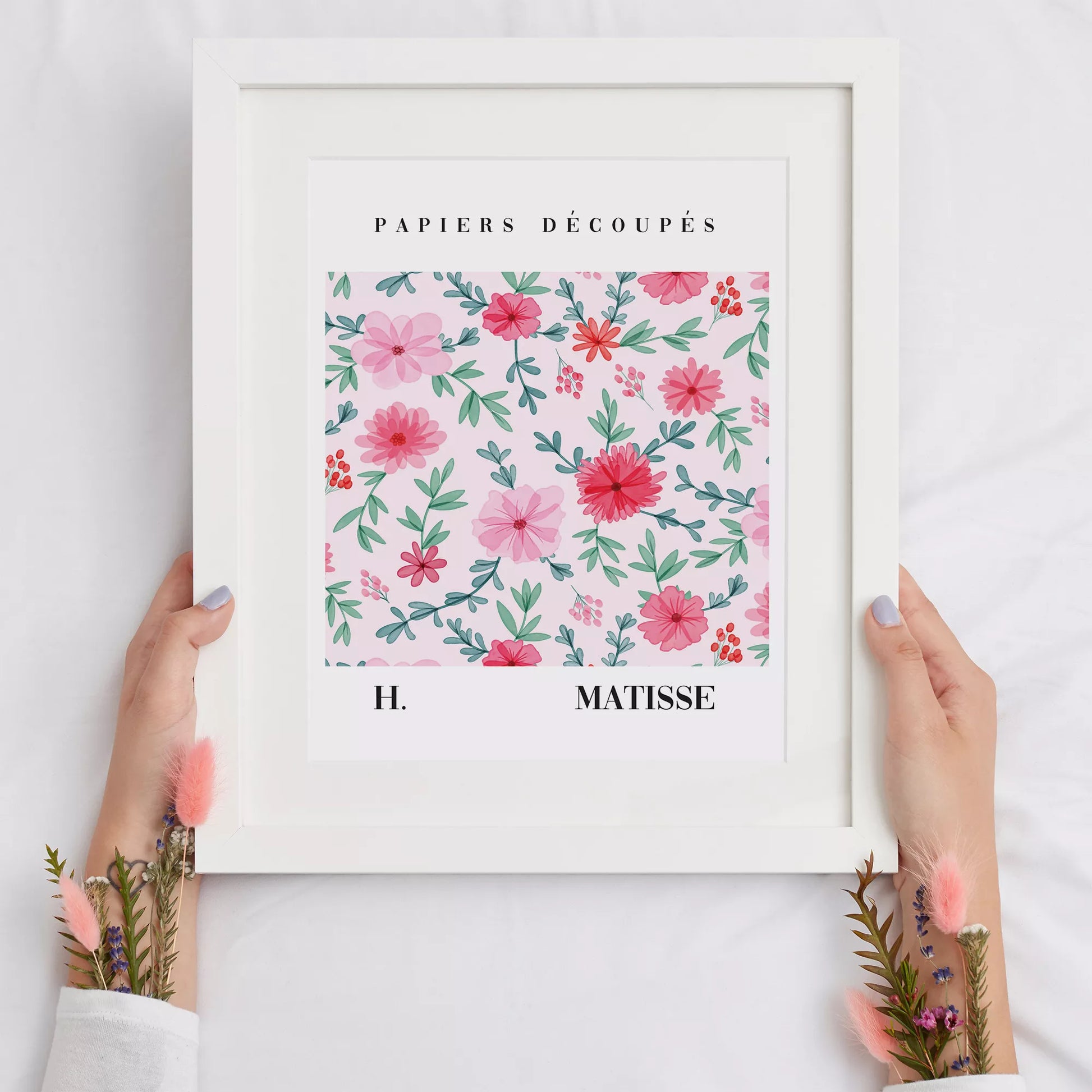 マティスの花柄アートポスター、ピンクの花と緑の葉が優雅に配置された水彩画風デザイン