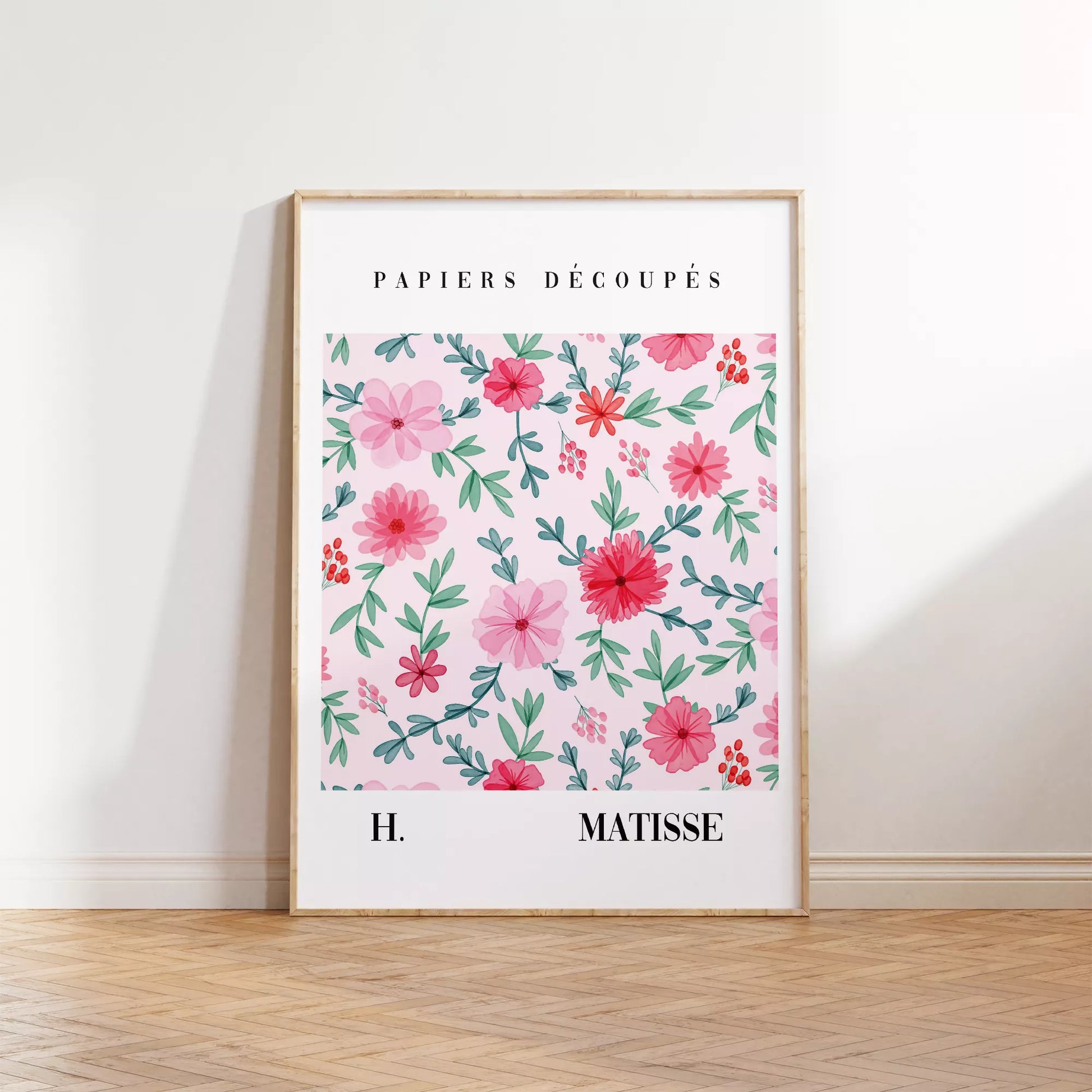 マティスの花柄アートポスター、ピンクの花と緑の葉が優雅に配置された水彩画風デザイン