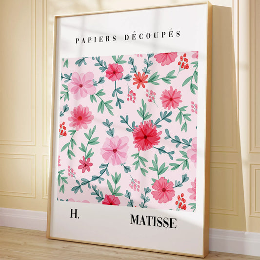 マティスの花柄アートポスター、ピンクの花と緑の葉が優雅に配置された水彩画風デザイン