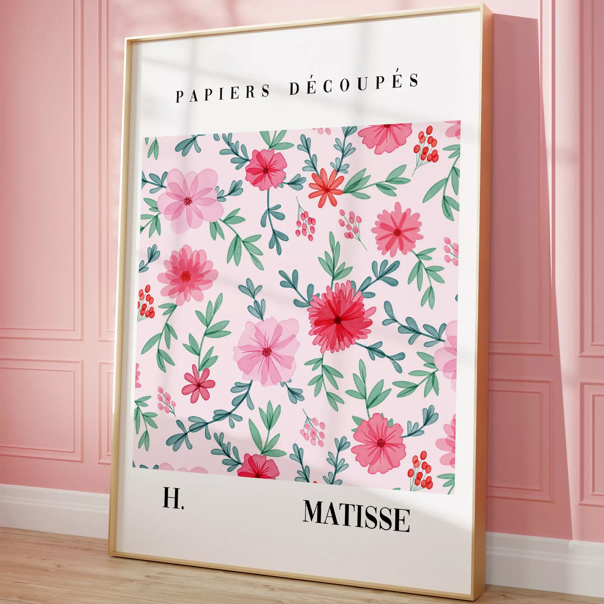 マティスの花柄アートポスター、ピンクの花と緑の葉が優雅に配置された水彩画風デザイン