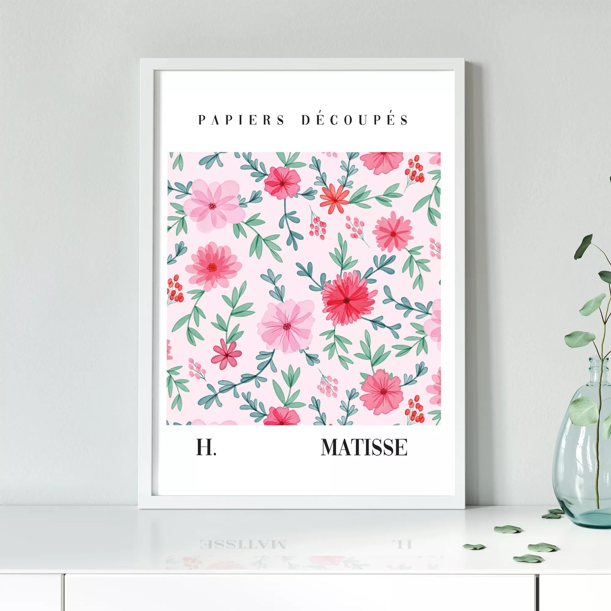 マティスの花柄アートポスター、ピンクの花と緑の葉が優雅に配置された水彩画風デザイン