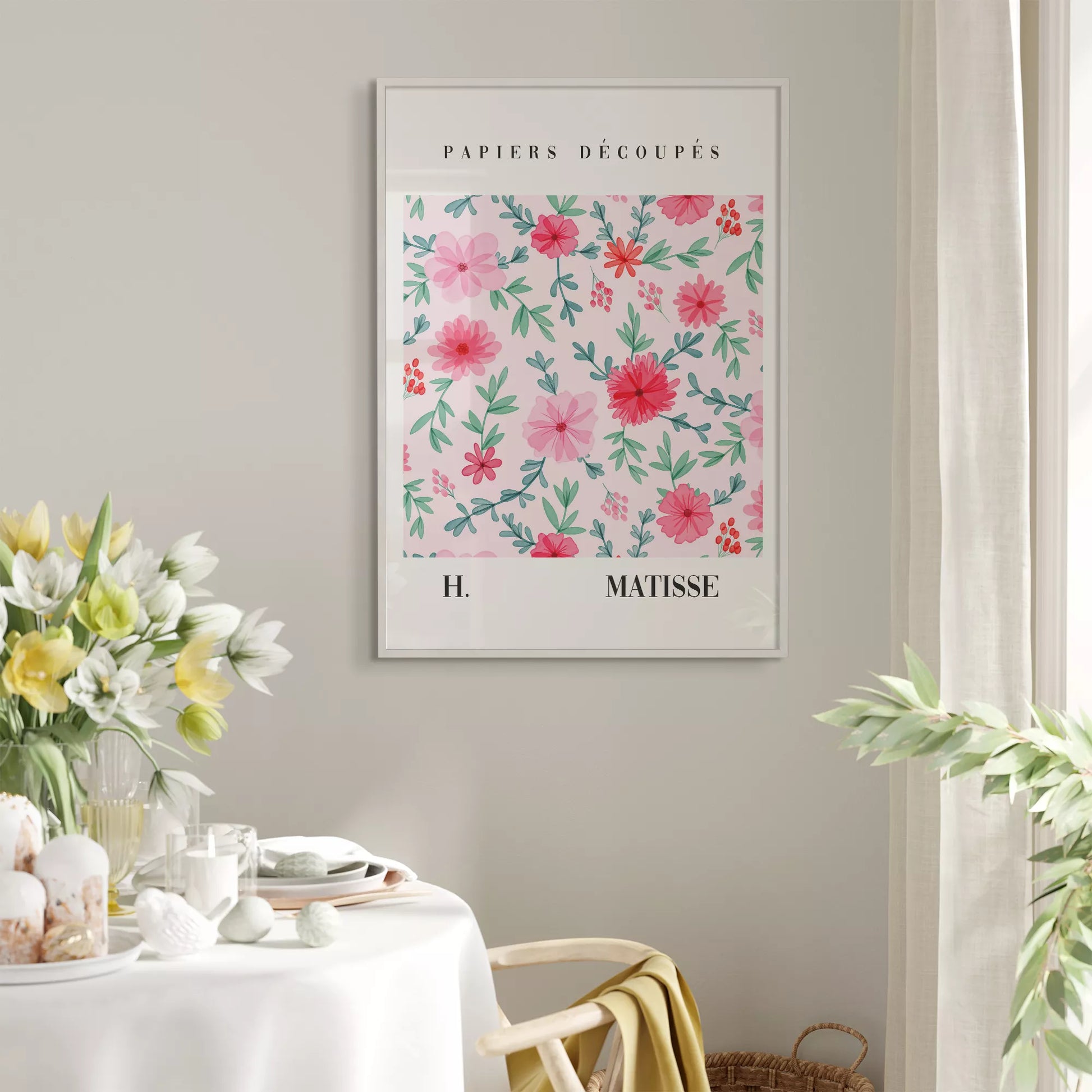 マティスの花柄アートポスター、ピンクの花と緑の葉が優雅に配置された水彩画風デザイン