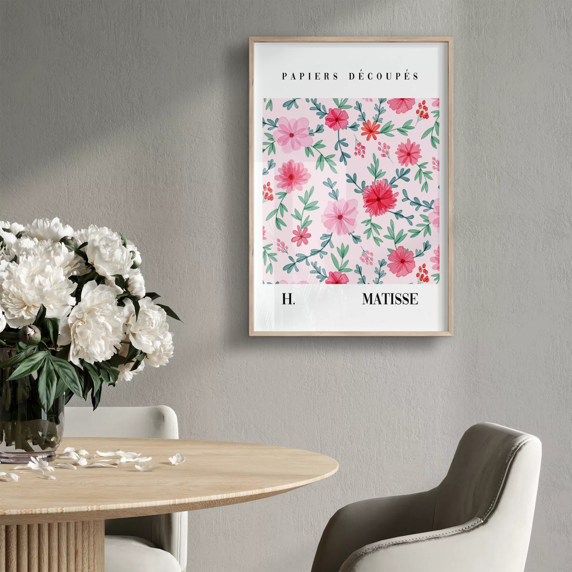 マティスの花柄アートポスター、ピンクの花と緑の葉が優雅に配置された水彩画風デザイン