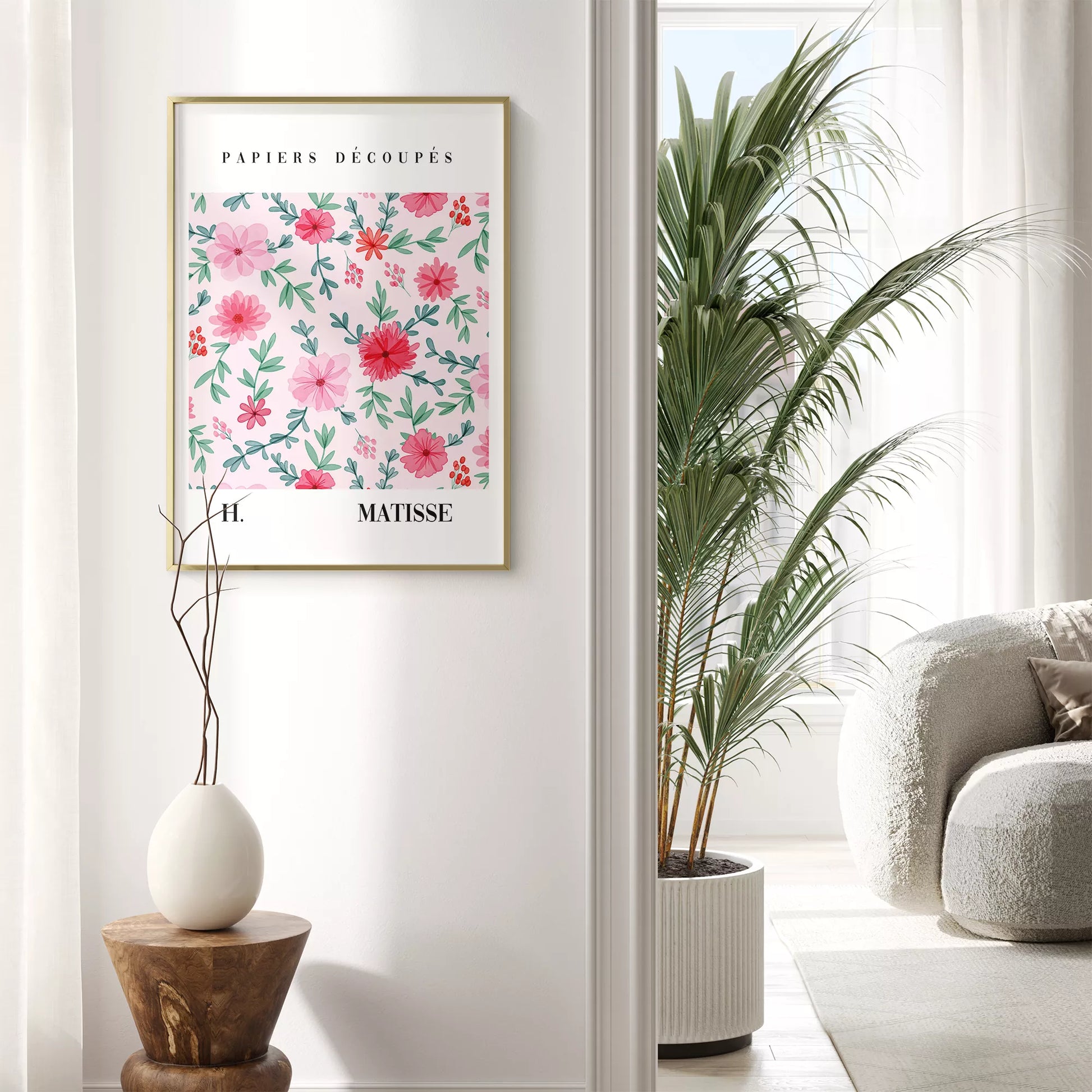 マティスの花柄アートポスター、ピンクの花と緑の葉が優雅に配置された水彩画風デザイン