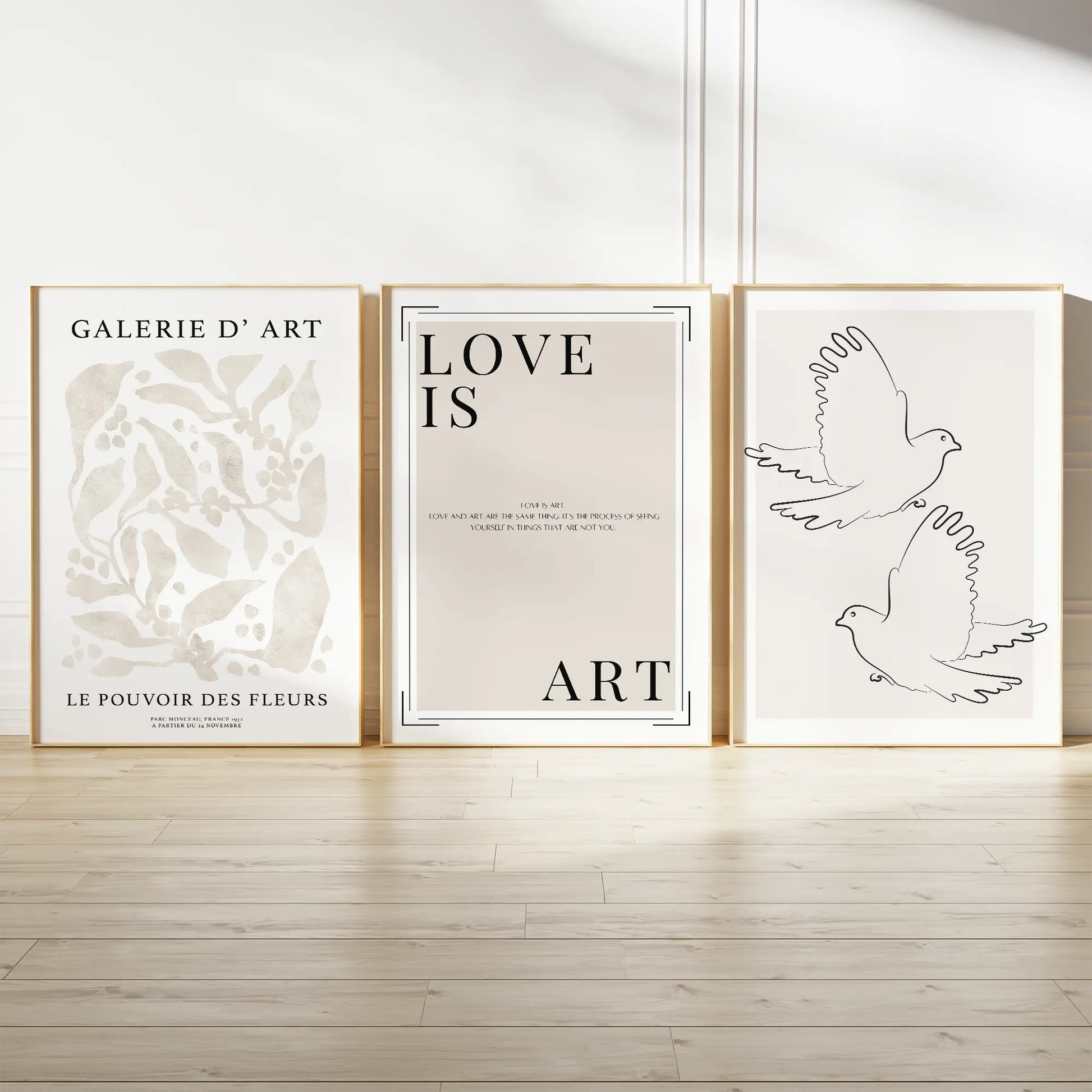 ベージュのリーフアートとLOVEタイポグラフィと鳩ラインアートポスター 北欧インテリア 3枚セット