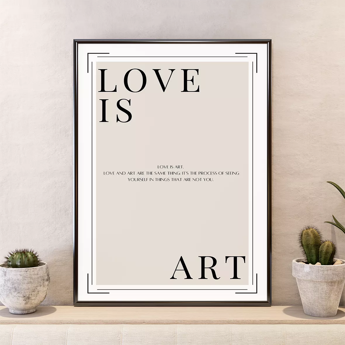 モダンなベージュ色のアートポスター3枚セット、花とタイポグラフィと鳥のデザイン