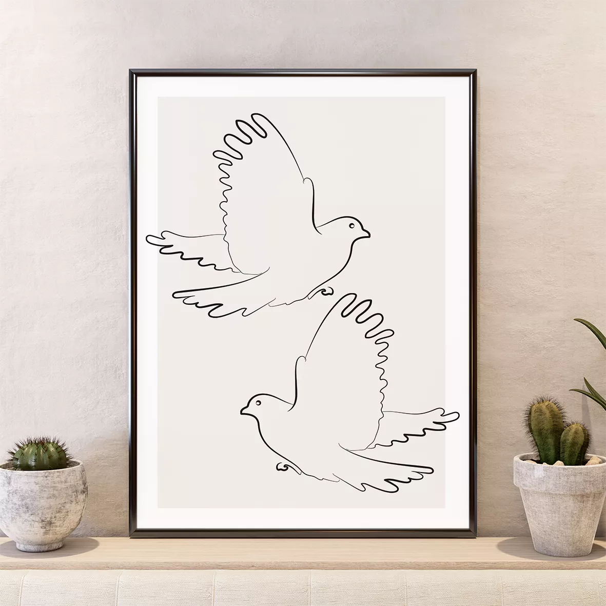 モダンなベージュ色のアートポスター3枚セット、花とタイポグラフィと鳥のデザイン